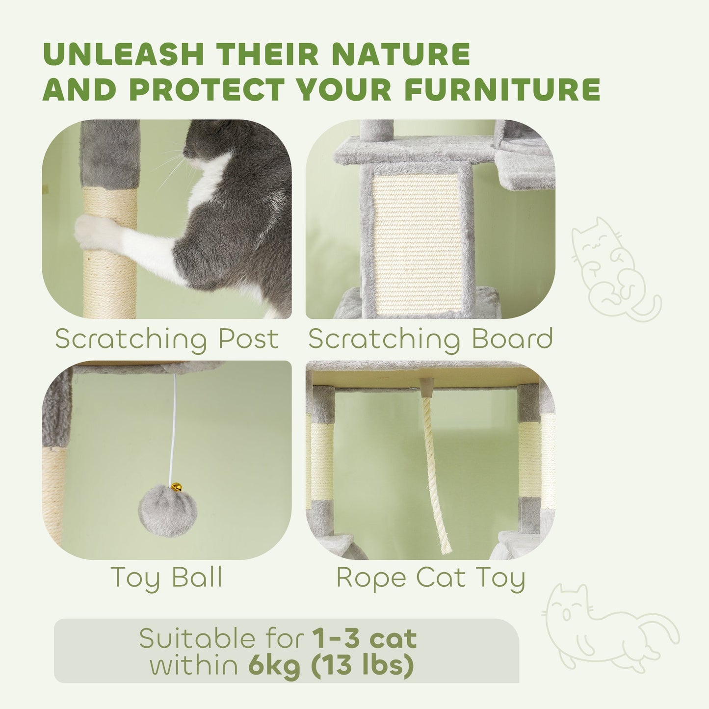Cat Tower, 81" Cat Tree for Large Cats Adult w/ Scratching Posts, Scratching Board, Cat Condos, Cat Beds, Hammocks, Jumping Platforms, Toy Balls, Rope Cat Toy, Light Grey