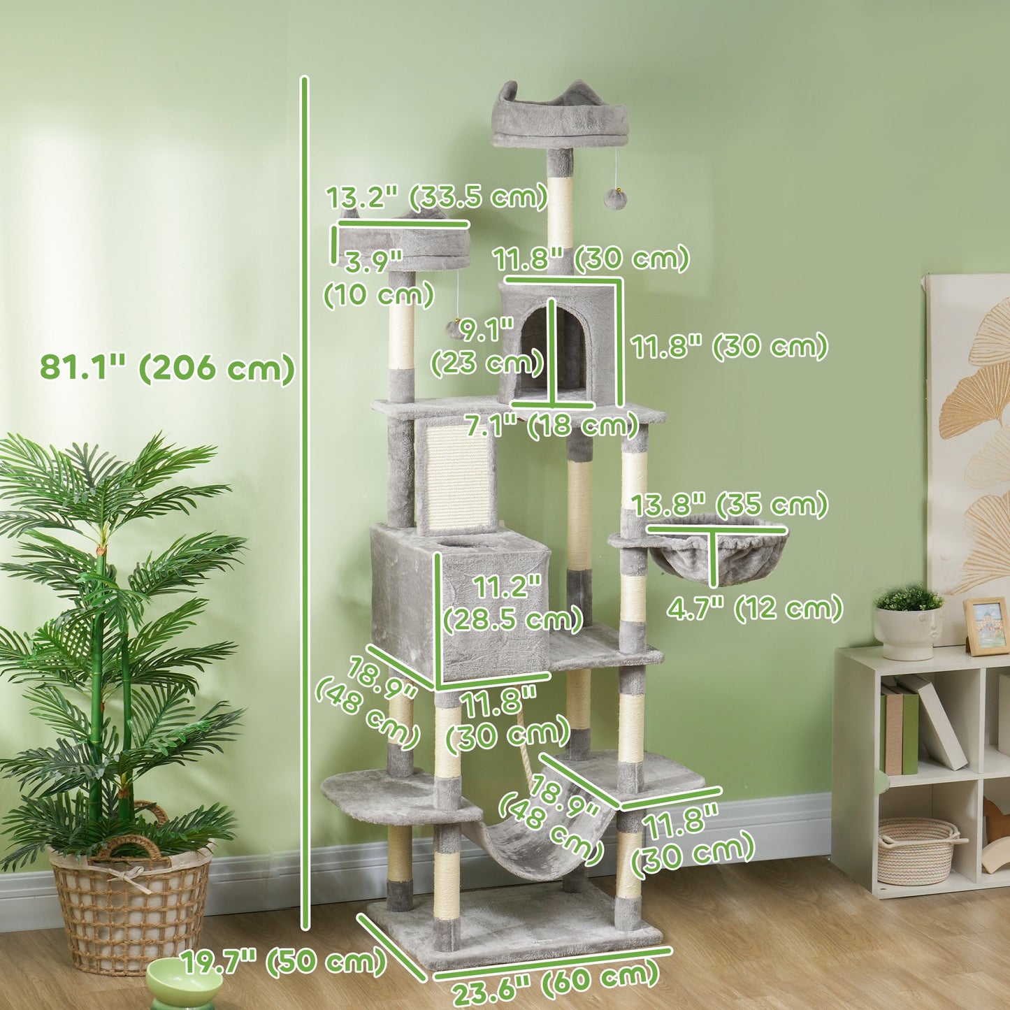 Cat Tower, 81" Cat Tree for Large Cats Adult w/ Scratching Posts, Scratching Board, Cat Condos, Cat Beds, Hammocks, Jumping Platforms, Toy Balls, Rope Cat Toy, Light Grey