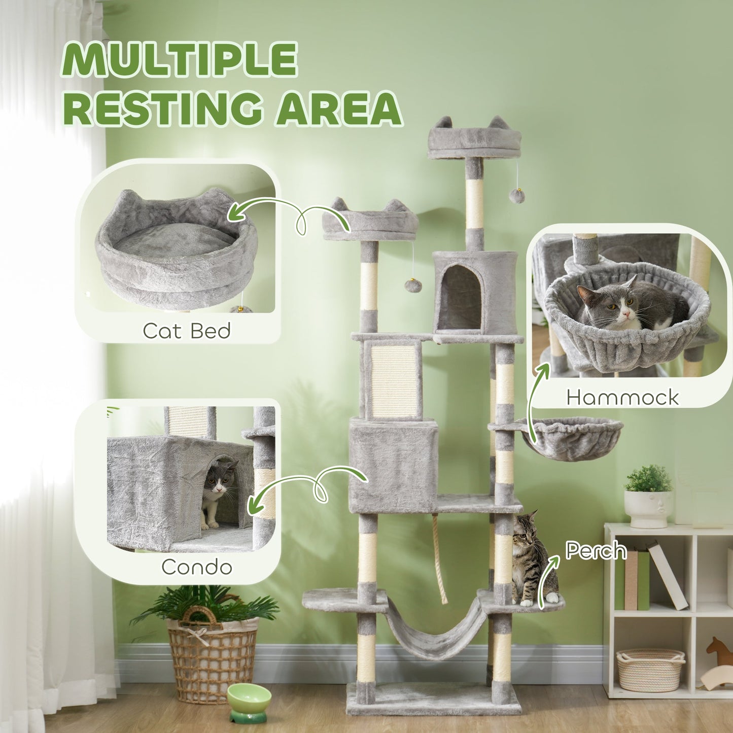 Cat Tower, 81" Cat Tree for Large Cats Adult w/ Scratching Posts, Scratching Board, Cat Condos, Cat Beds, Hammocks, Jumping Platforms, Toy Balls, Rope Cat Toy, Light Grey