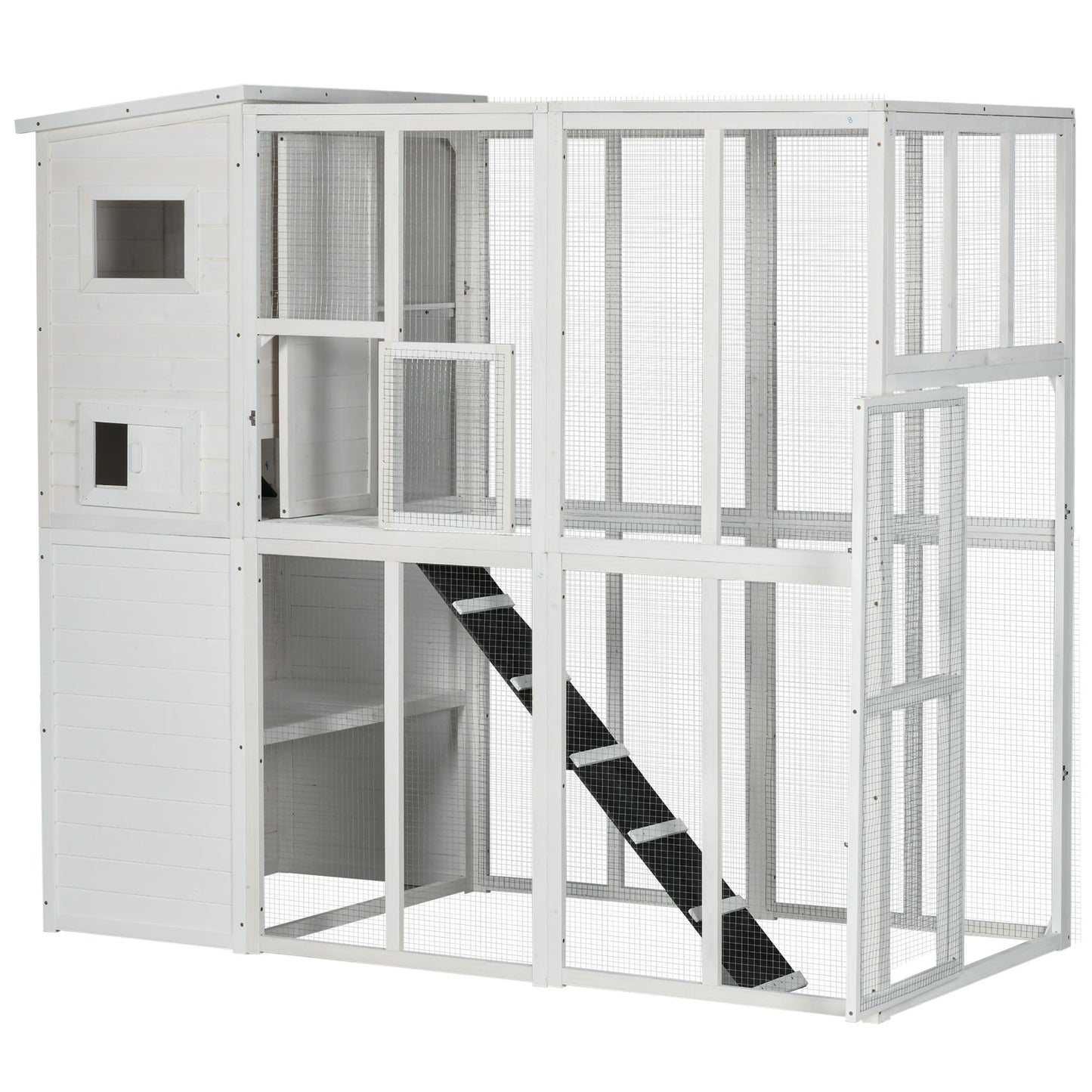 Large Catio Outdoor Cat Enclosure Weatherproof Cat House with Cat Condo, Indoor Wooden Cat Cage Pet Kennel, 77"L x 38"W x 69"H, White