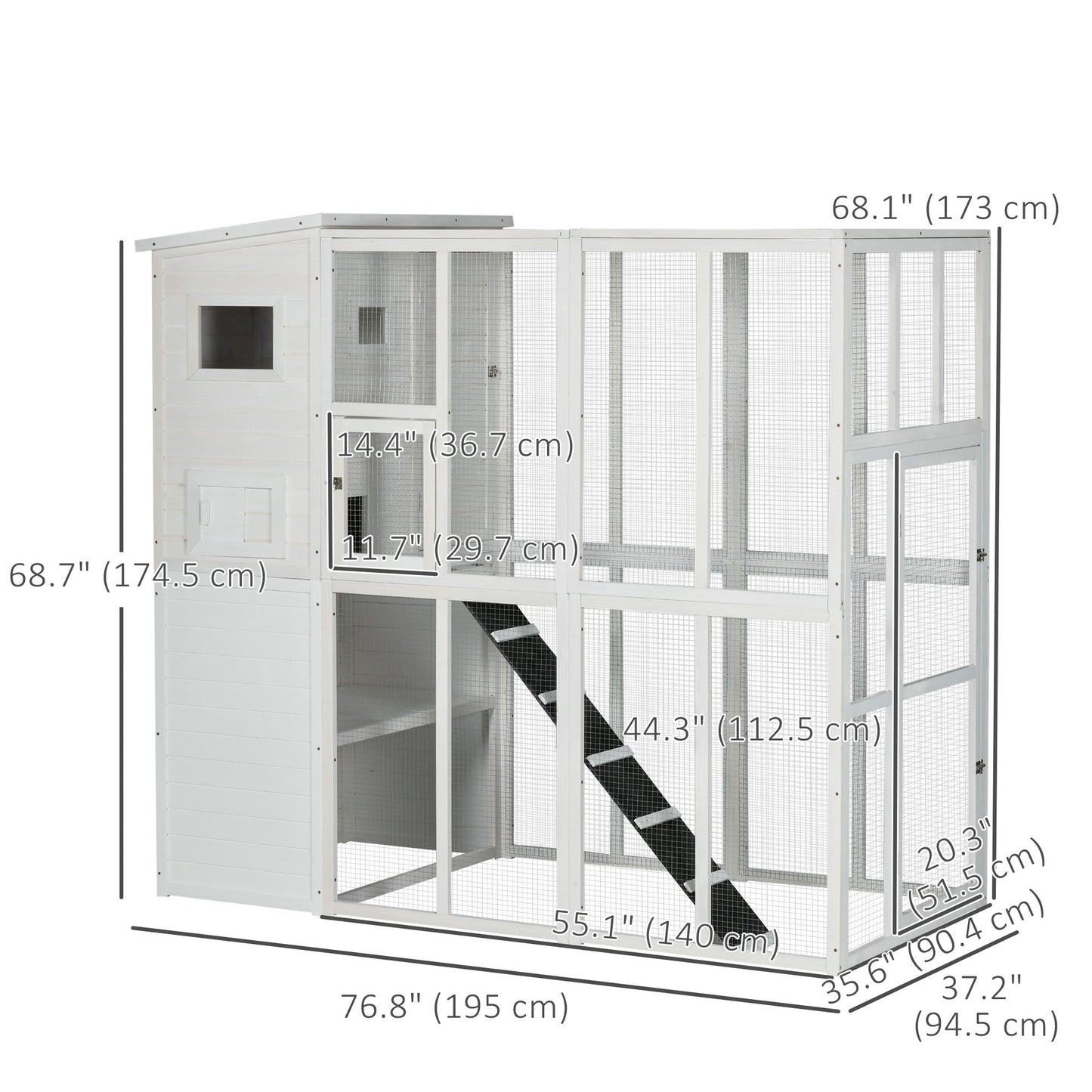Large Catio Outdoor Cat Enclosure Weatherproof Cat House with Cat Condo, Indoor Wooden Cat Cage Pet Kennel, 77"L x 38"W x 69"H, White