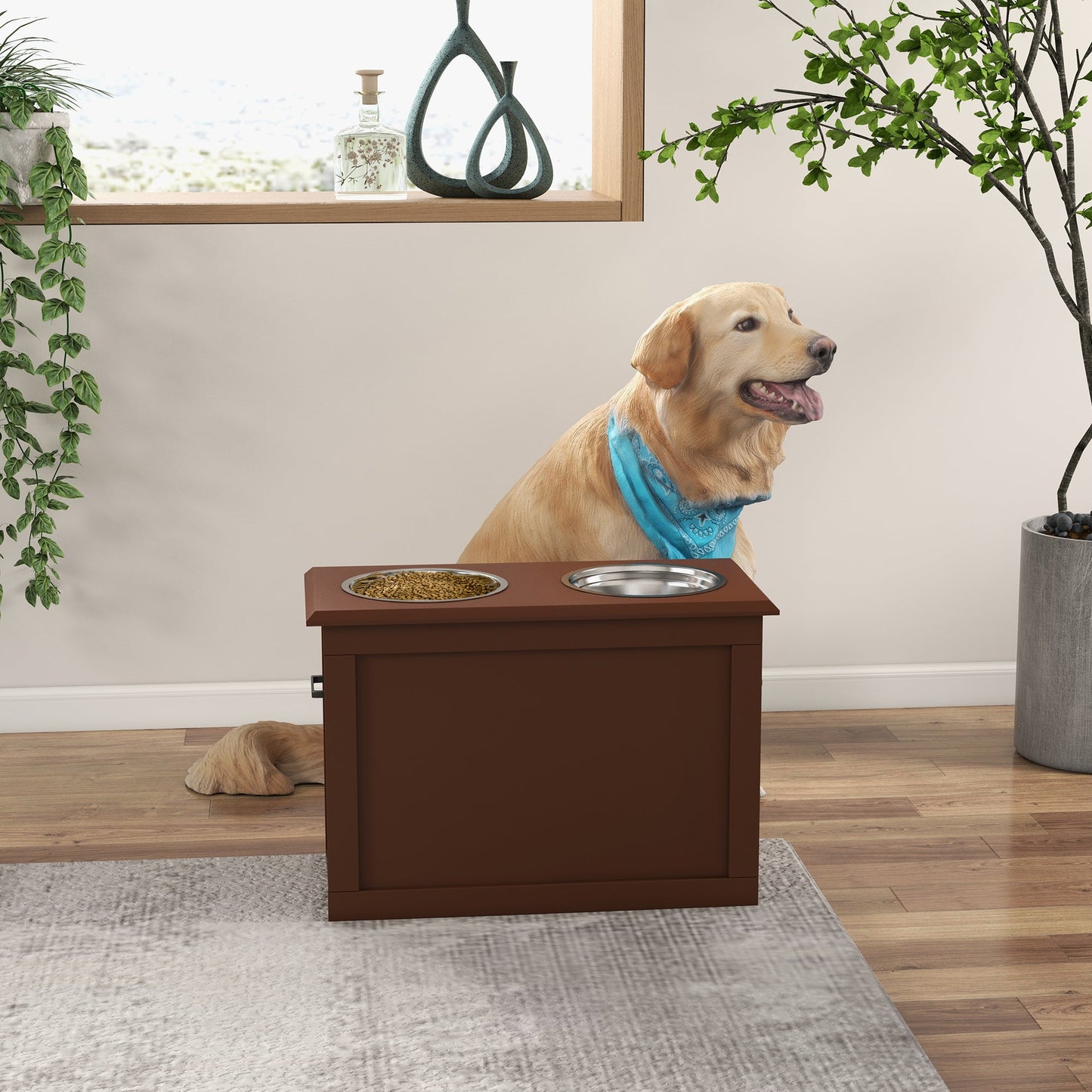 Elevated Dog Bowls for Large Dogs with Storage Dog Pet Diner Function 2 Stainless Steel Dog Bowls Elevated Base for Big-sized Dogs and Other Large Pets, Brown