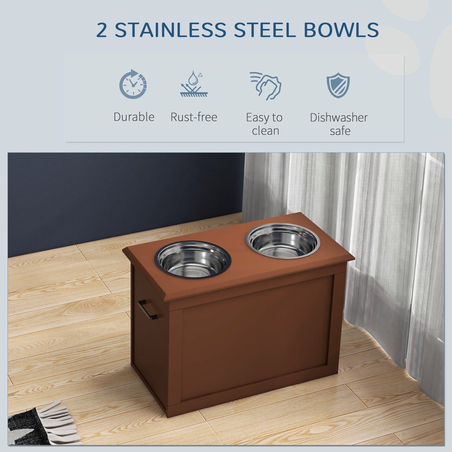 Elevated Dog Bowls for Large Dogs with Storage Dog Pet Diner Function 2 Stainless Steel Dog Bowls Elevated Base for Big-sized Dogs and Other Large Pets, Brown