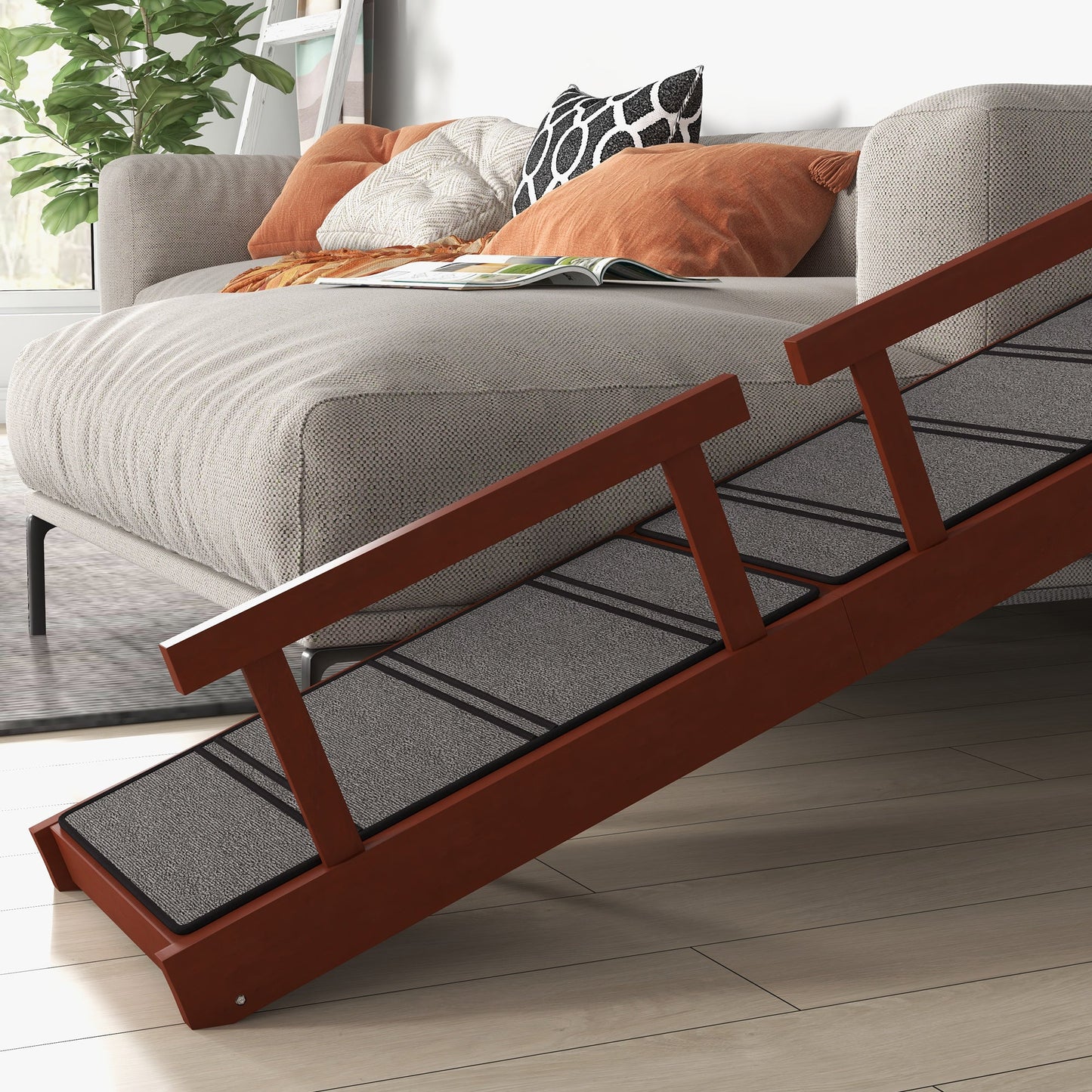 Wooden Dog Ramp for Large Dogs, 60" Long Pet Ramp with Non-slip Rug, Removable Guardrails, Dog Stairs for Couch, Bed, Brown
