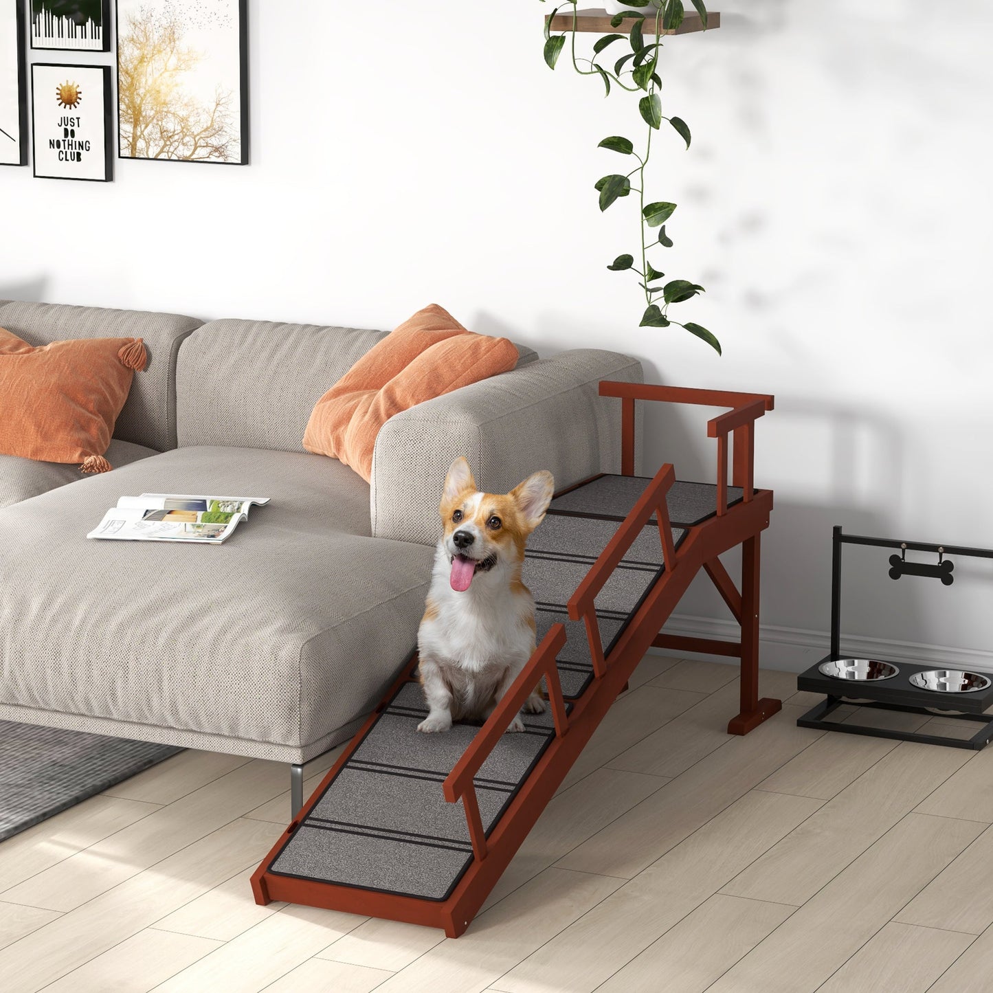 Wooden Dog Ramp for Large Dogs, 60" Long Pet Ramp with Non-slip Rug, Removable Guardrails, Dog Stairs for Couch, Bed, Brown