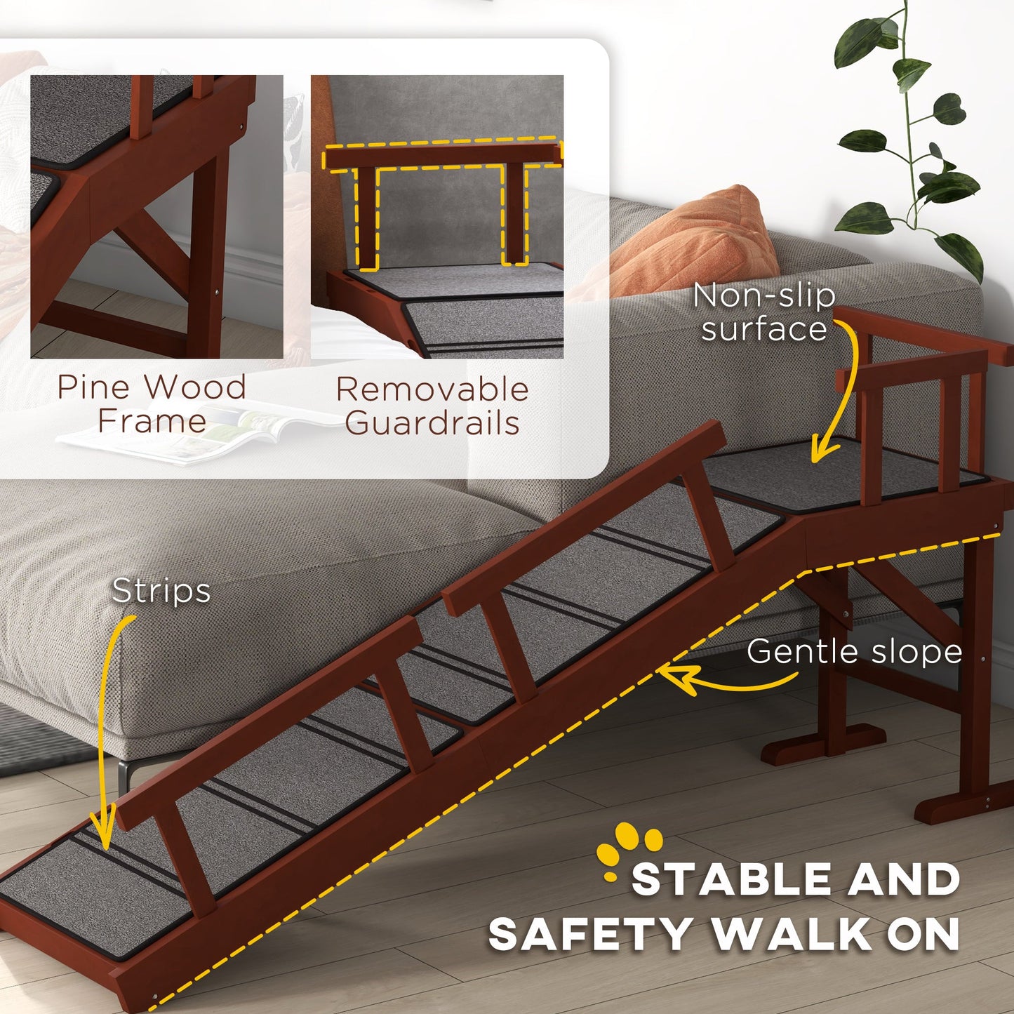 Wooden Dog Ramp for Large Dogs, 60" Long Pet Ramp with Non-slip Rug, Removable Guardrails, Dog Stairs for Couch, Bed, Brown