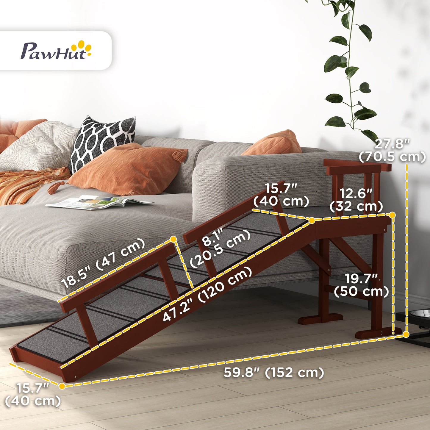 Wooden Dog Ramp for Large Dogs, 60" Long Pet Ramp with Non-slip Rug, Removable Guardrails, Dog Stairs for Couch, Bed, Brown