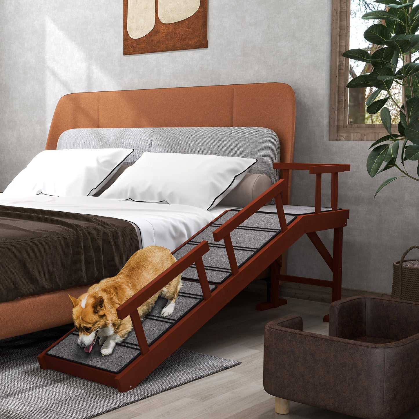 Wooden Dog Ramp for Large Dogs, 60" Long Pet Ramp with Non-slip Rug, Removable Guardrails, Dog Stairs for Couch, Bed, Brown