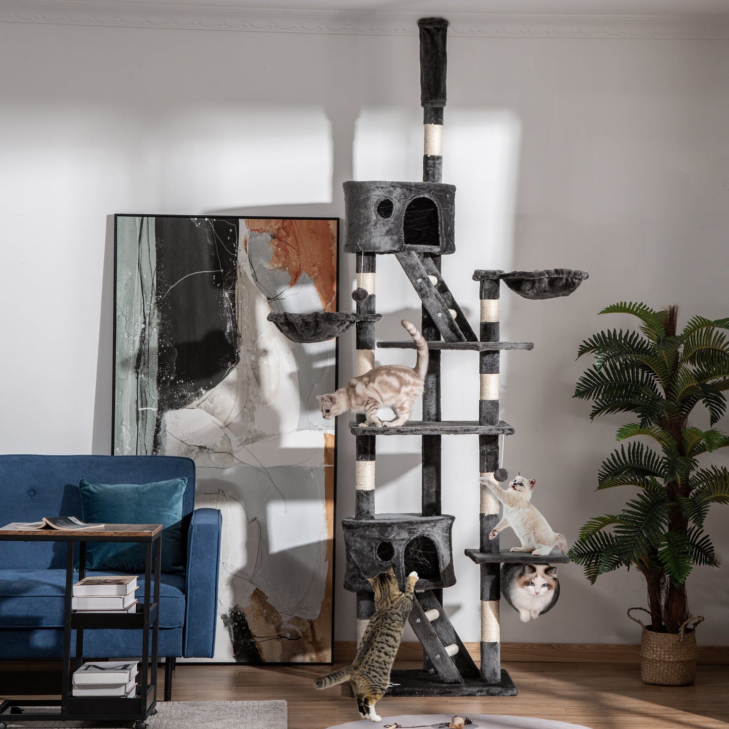 Cat Tower for Large Cats Adult, Floor to Ceiling Cat Tree Adjustable Height 94"-102" Multi-Level with Scratching Posts, Cozy Hammock, Dangling Ball Toy, Grey