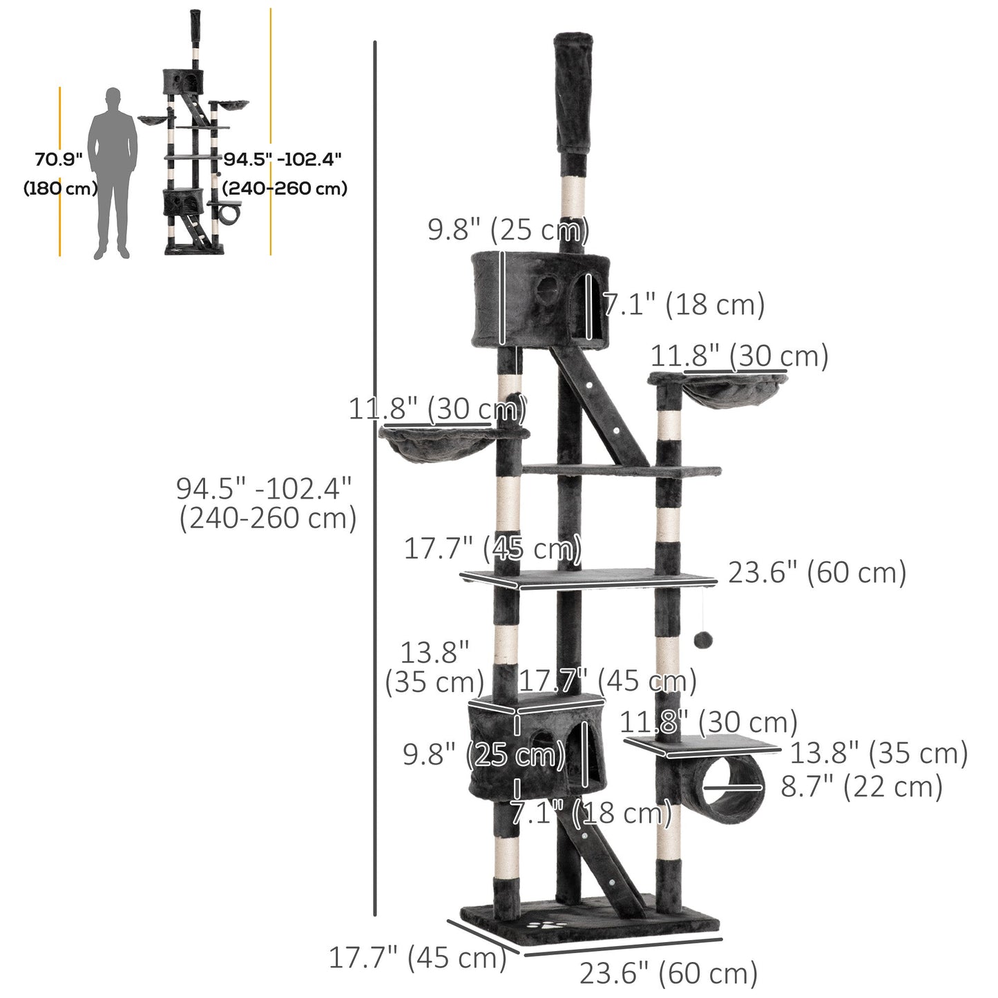 Cat Tower for Large Cats Adult, Floor to Ceiling Cat Tree Adjustable Height 94"-102" Multi-Level with Scratching Posts, Cozy Hammock, Dangling Ball Toy, Grey