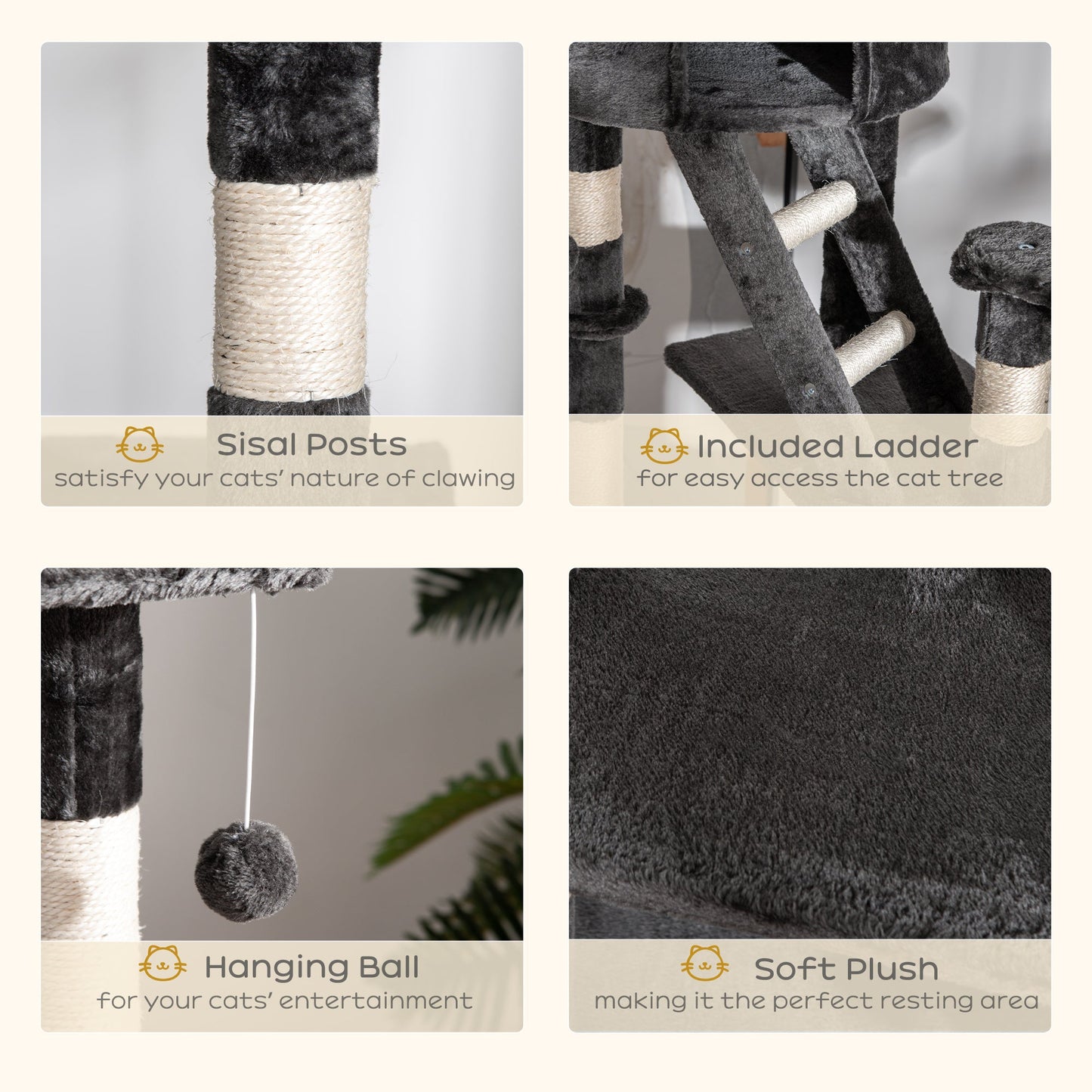 Cat Tower for Large Cats Adult, Floor to Ceiling Cat Tree Adjustable Height 94"-102" Multi-Level with Scratching Posts, Cozy Hammock, Dangling Ball Toy, Grey
