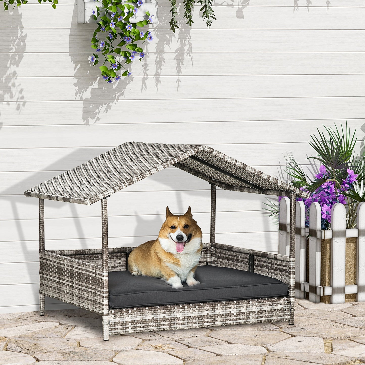 Elevated Rattan Dog House Outdoor with Canopy, Wicker Dog Bed with Water-Resistant Cushion, for Small and Medium Dogs Dark Grey