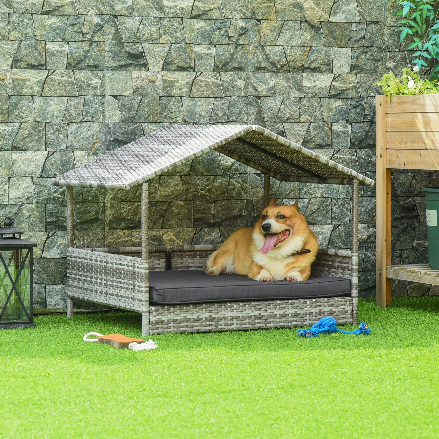 Elevated Rattan Dog House Outdoor with Canopy, Wicker Dog Bed with Water-Resistant Cushion, for Small and Medium Dogs Dark Grey