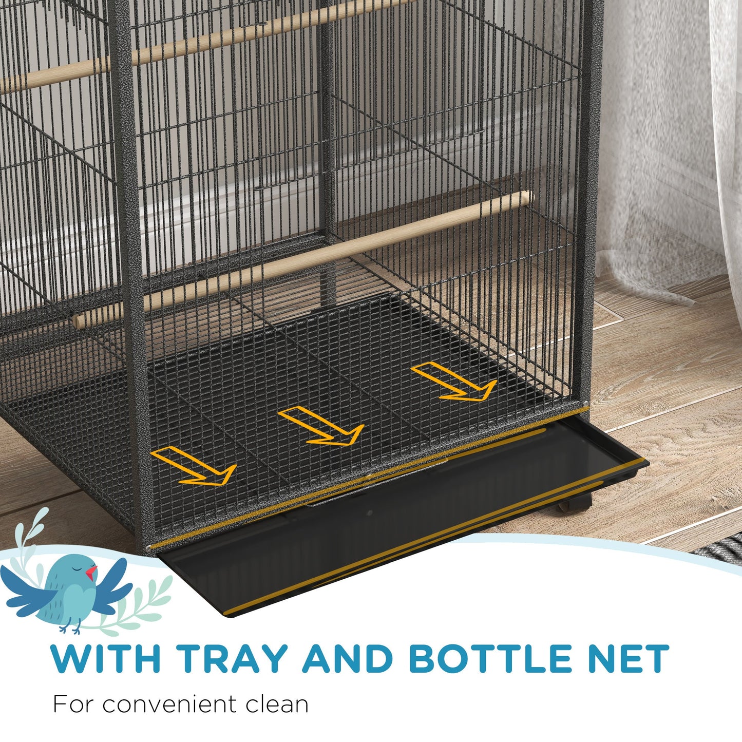 29" Bird Cage for Parrots Lovebirds Budgies Finches, Flight Cage with 5 Doors, Swing, Stainless Steel Bowls, Removable Tray, Wheel, Grey