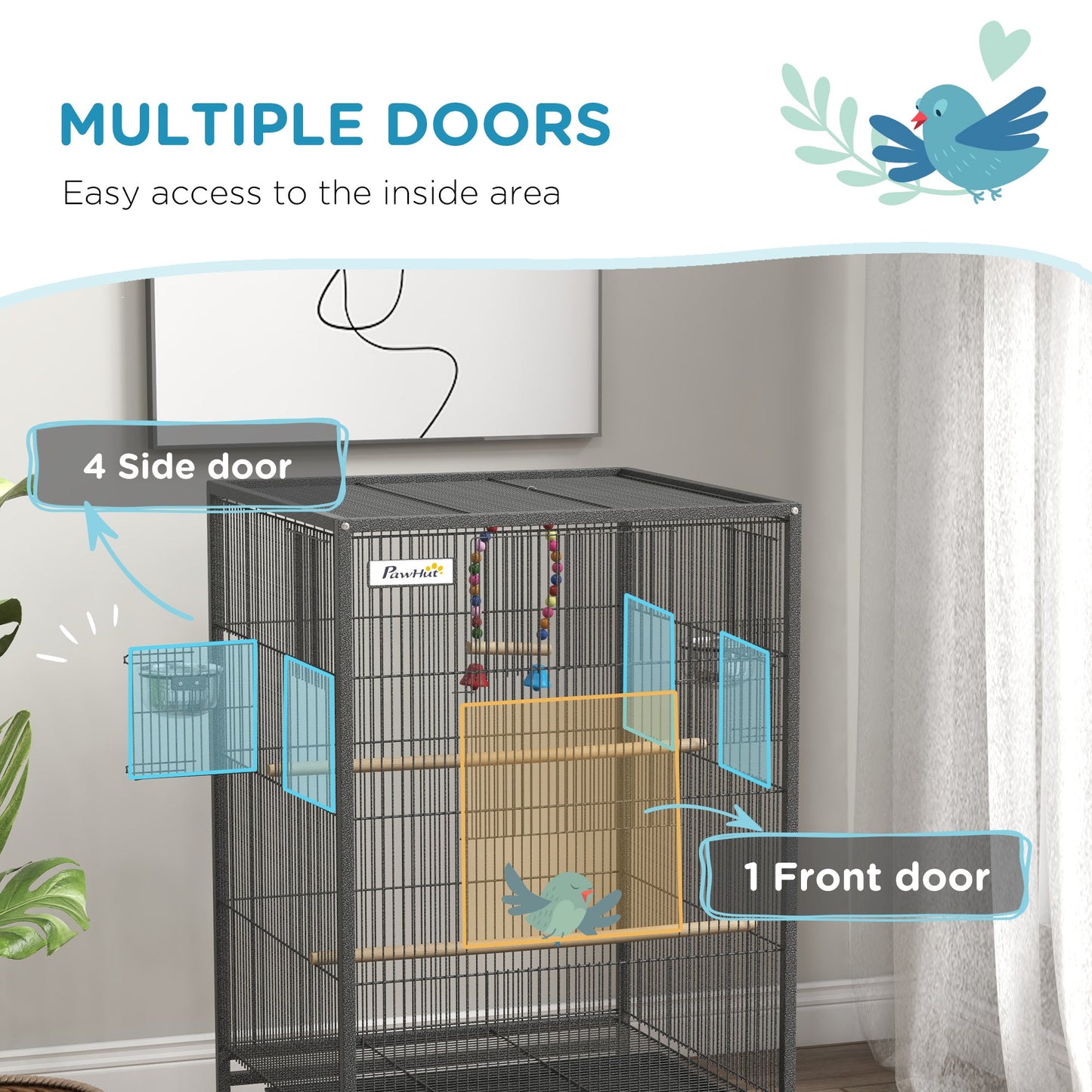 29" Bird Cage for Parrots Lovebirds Budgies Finches, Flight Cage with 5 Doors, Swing, Stainless Steel Bowls, Removable Tray, Wheel, Grey