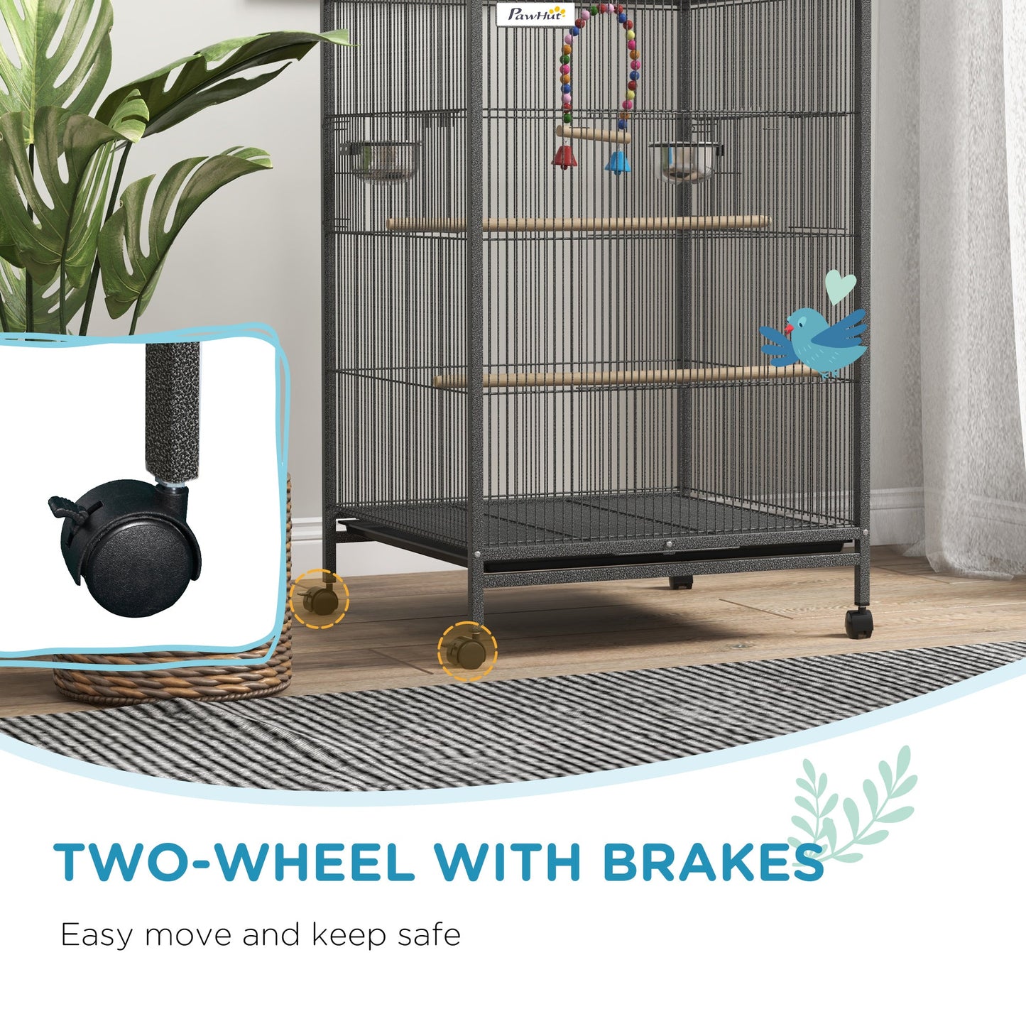 29" Bird Cage for Parrots Lovebirds Budgies Finches, Flight Cage with 5 Doors, Swing, Stainless Steel Bowls, Removable Tray, Wheel, Grey