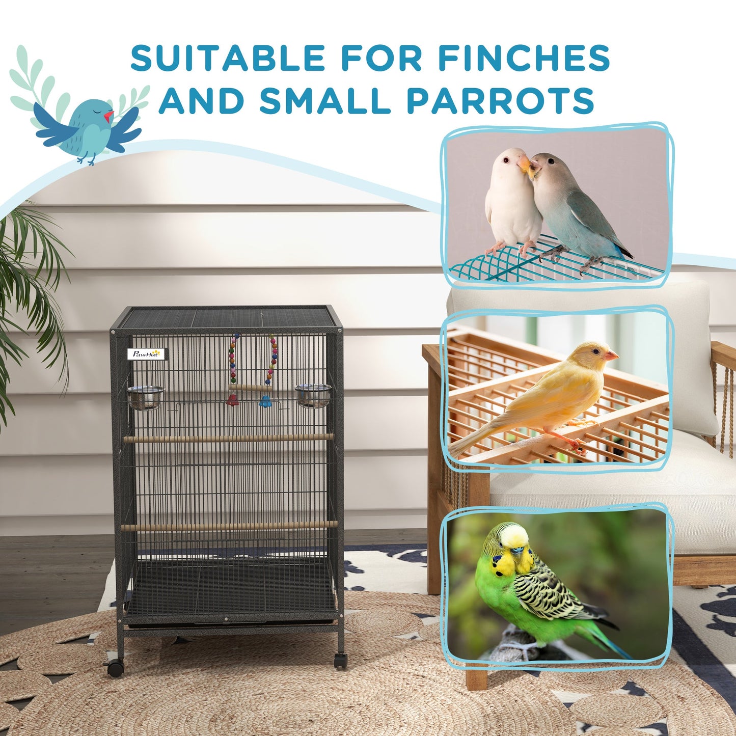 29" Bird Cage for Parrots Lovebirds Budgies Finches, Flight Cage with 5 Doors, Swing, Stainless Steel Bowls, Removable Tray, Wheel, Grey