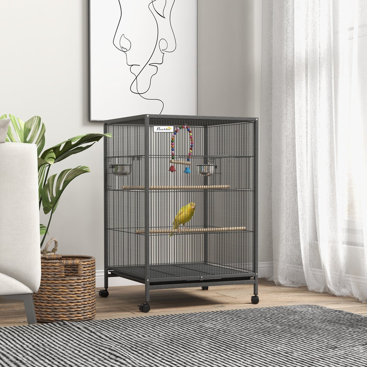 29" Bird Cage for Parrots Lovebirds Budgies Finches, Flight Cage with 5 Doors, Swing, Stainless Steel Bowls, Removable Tray, Wheel, Grey