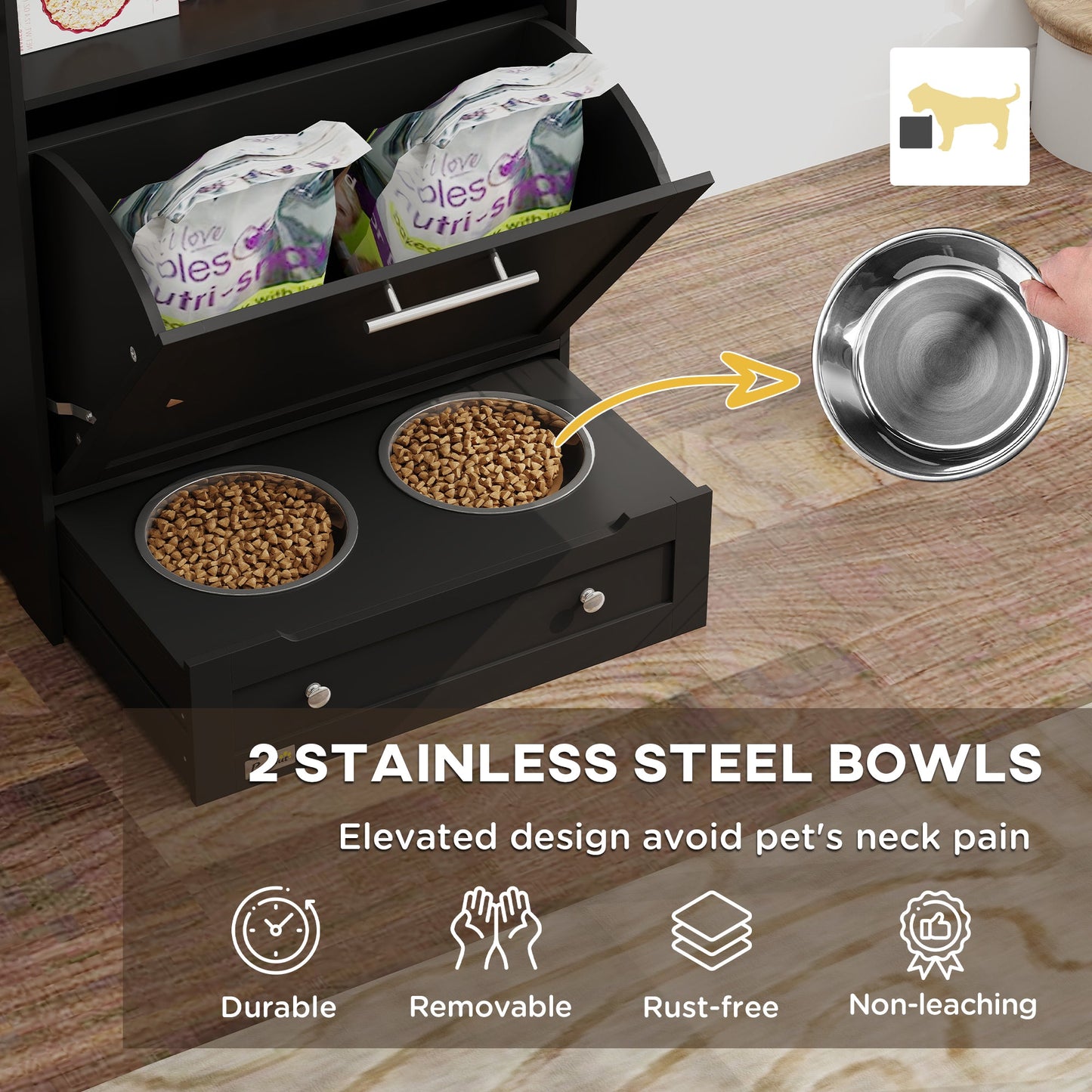 Cat Dog Feeding Station, Dog Food Storage Cabinet, Pet Feeder Container with Raised Bowls and Hanger for Feeding & Watering Supplies, Black