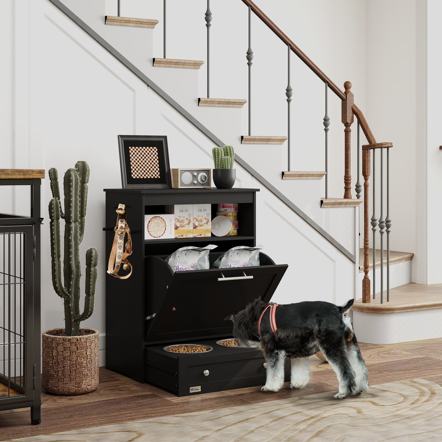 Cat Dog Feeding Station, Dog Food Storage Cabinet, Pet Feeder Container with Raised Bowls and Hanger for Feeding & Watering Supplies, Black