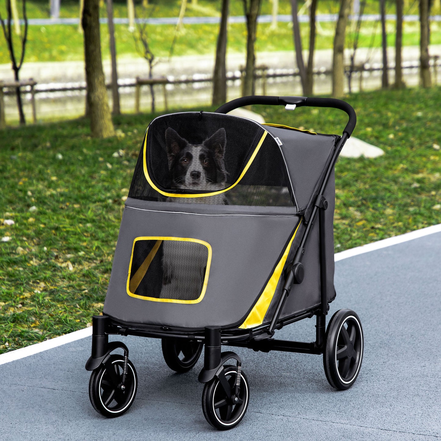 Pet Stroller with Universal Front Wheels, Shock Absorber, One-Click Foldable Dog Cat Carriage with Brakes, Storage Bags, Safety Leash for Large & Medium Dogs, Dark Grey