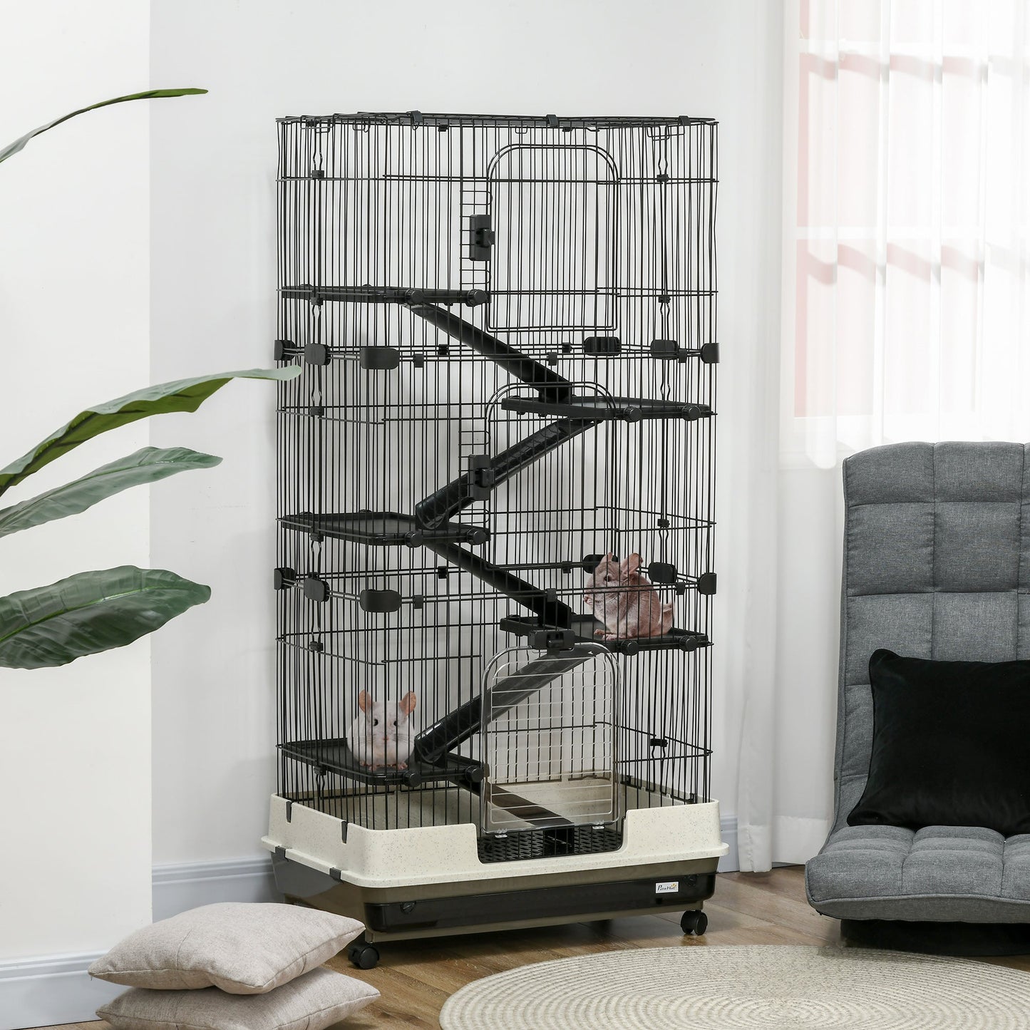 63"H 6-Level Small Animal Cage Rabbit Hutch with Universal Lockable Wheels, Slide-Out Tray for Bunny, Chinchillas, Ferret, Black