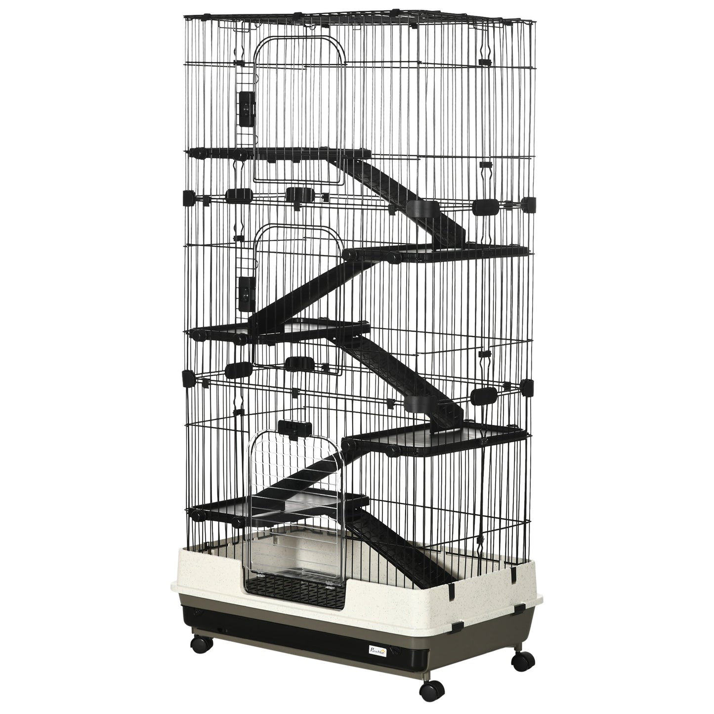 63"H 6-Level Small Animal Cage Rabbit Hutch with Universal Lockable Wheels, Slide-Out Tray for Bunny, Chinchillas, Ferret, Black
