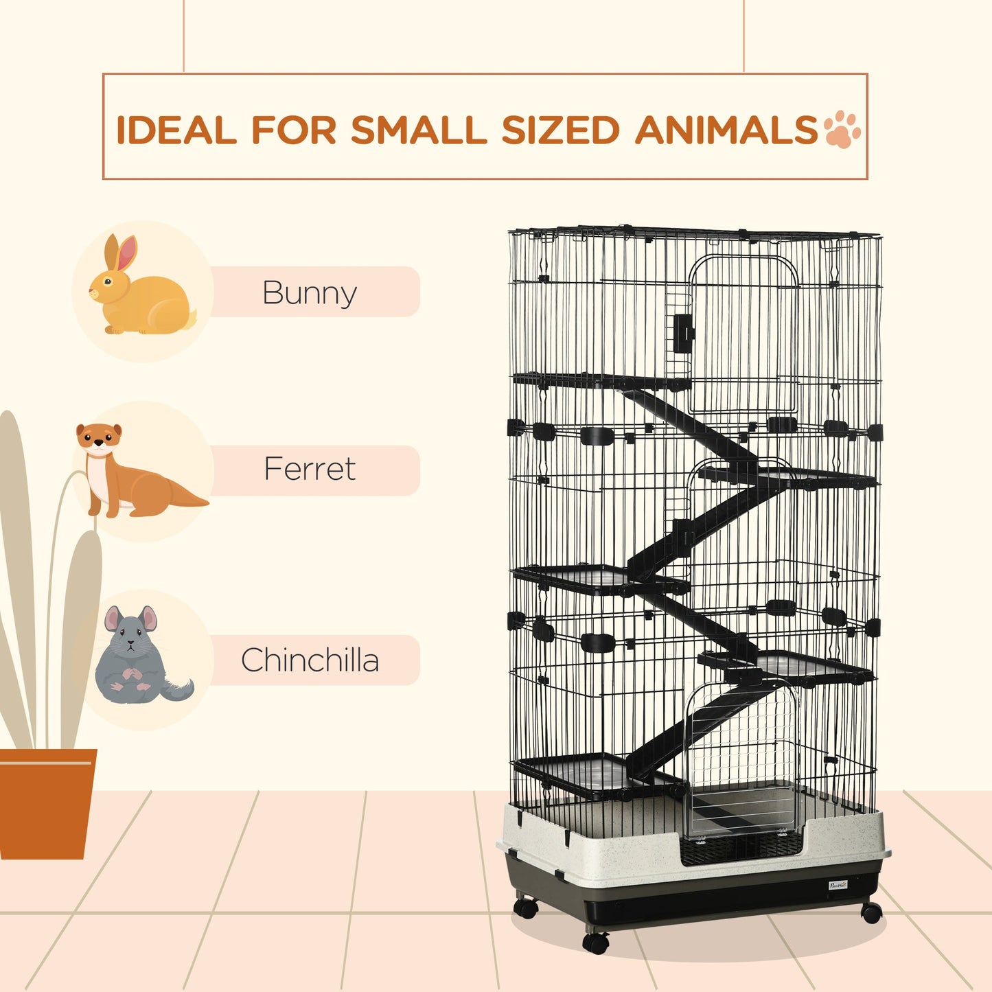 63"H 6-Level Small Animal Cage Rabbit Hutch with Universal Lockable Wheels, Slide-Out Tray for Bunny, Chinchillas, Ferret, Black