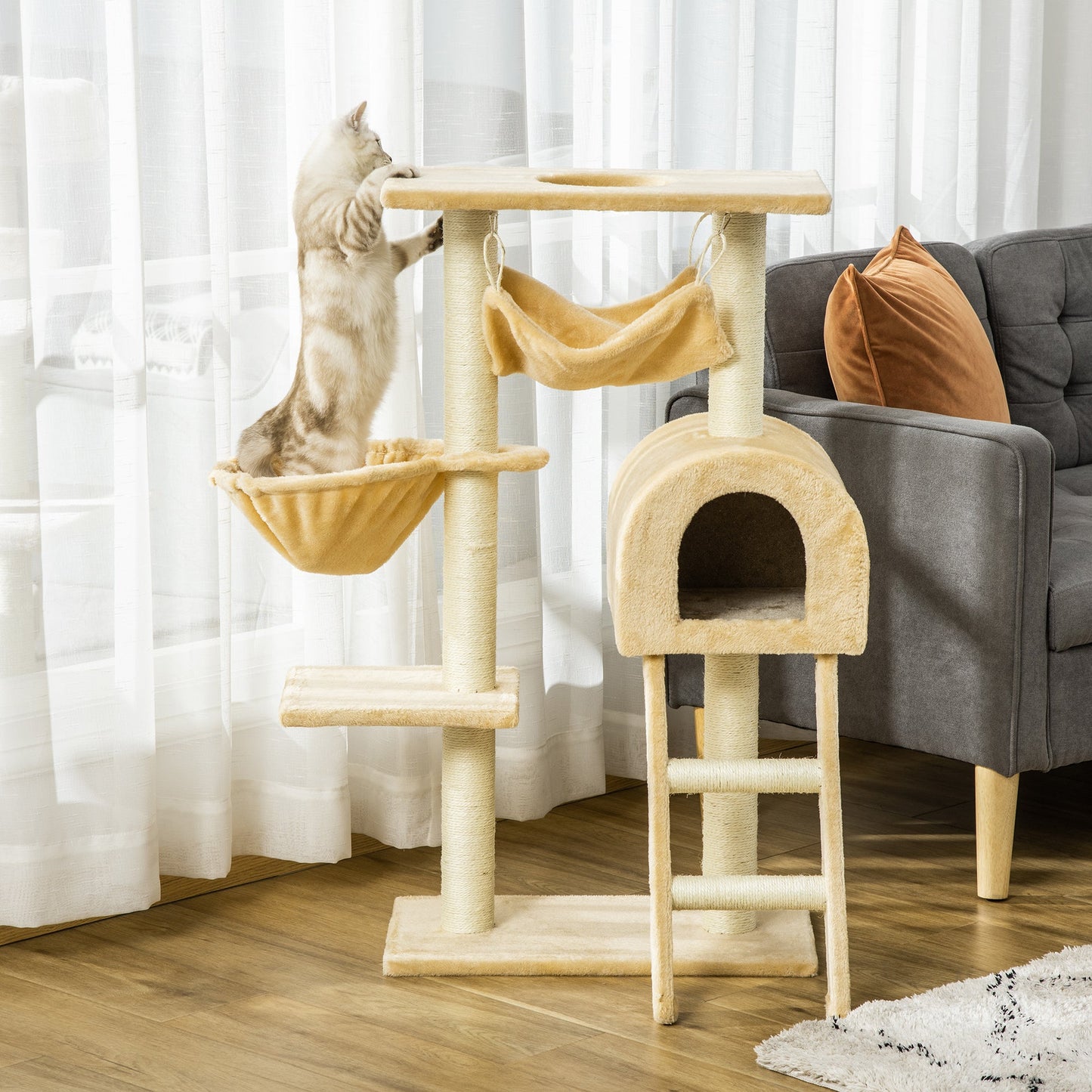 39" Deluxe Cat Scratching Tree Kitten Condo Play House Pet Scratcher Multi-level Tower Kitty Furniture with Hammock