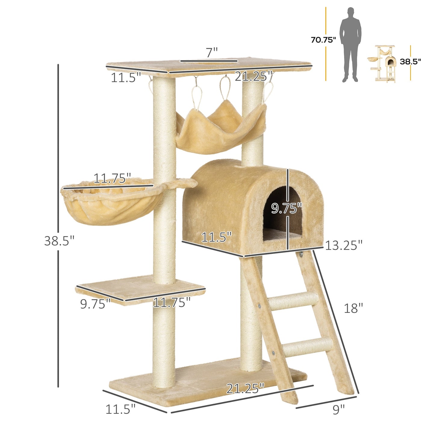 39" Deluxe Cat Scratching Tree Kitten Condo Play House Pet Scratcher Multi-level Tower Kitty Furniture with Hammock