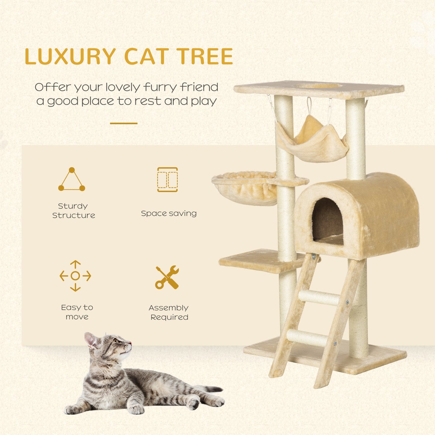39" Deluxe Cat Scratching Tree Kitten Condo Play House Pet Scratcher Multi-level Tower Kitty Furniture with Hammock