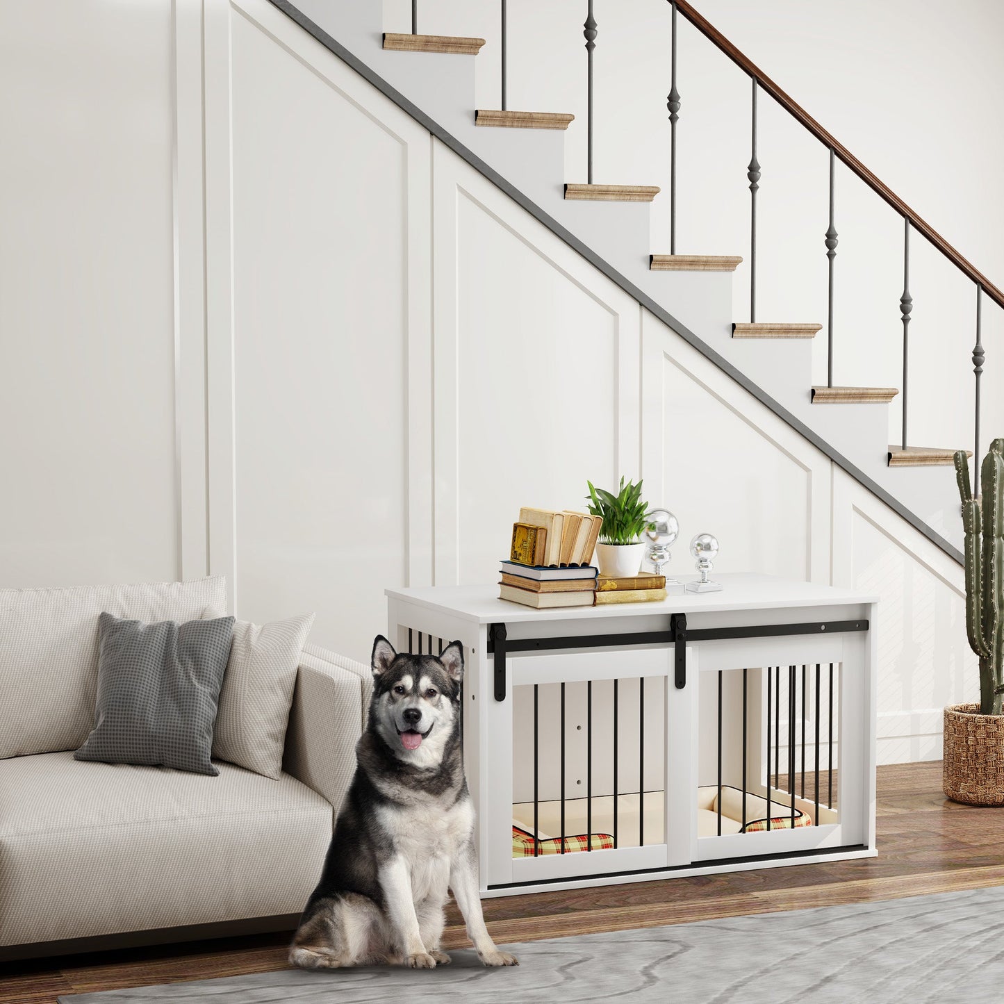 Dog Crate Furniture, 39" Dog Crate End Table Indoor Dog House for Large Dogs, with Sliding Door, Lock, White