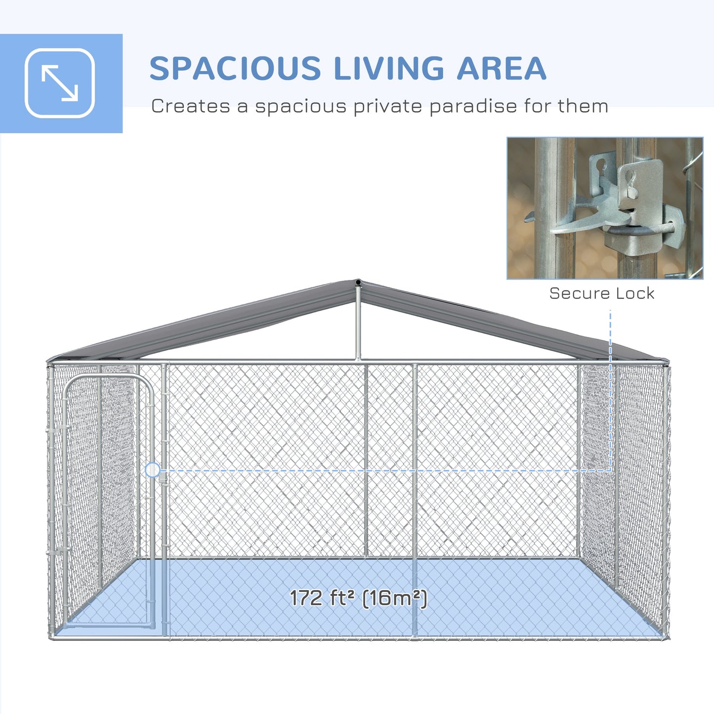 Dog Kennel Outdoor Run Fence with Roof, Steel Lock, Mesh Sidewalls for Backyard & Patio, 13.1' x 13.1' x 7.5'