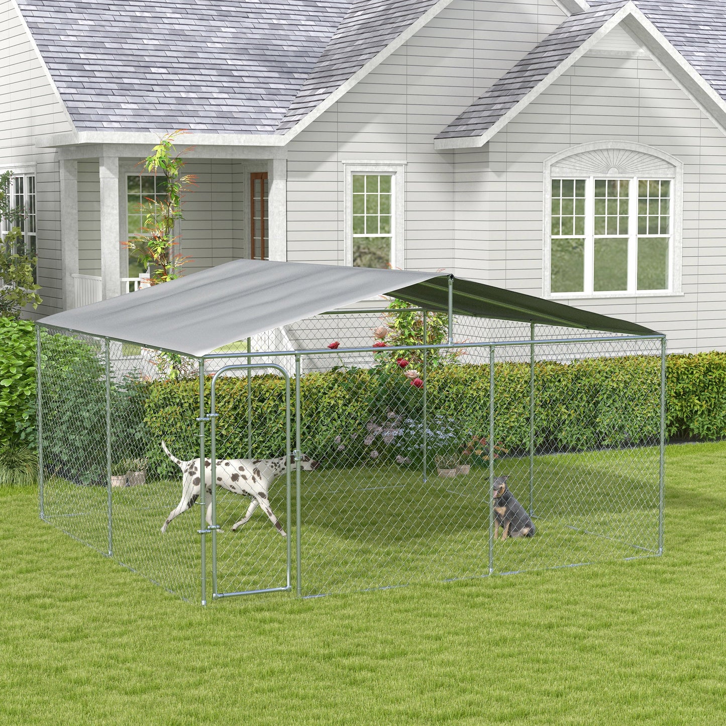 Dog Kennel Outdoor Run Fence with Roof, Steel Lock, Mesh Sidewalls for Backyard & Patio, 13.1' x 13.1' x 7.5'