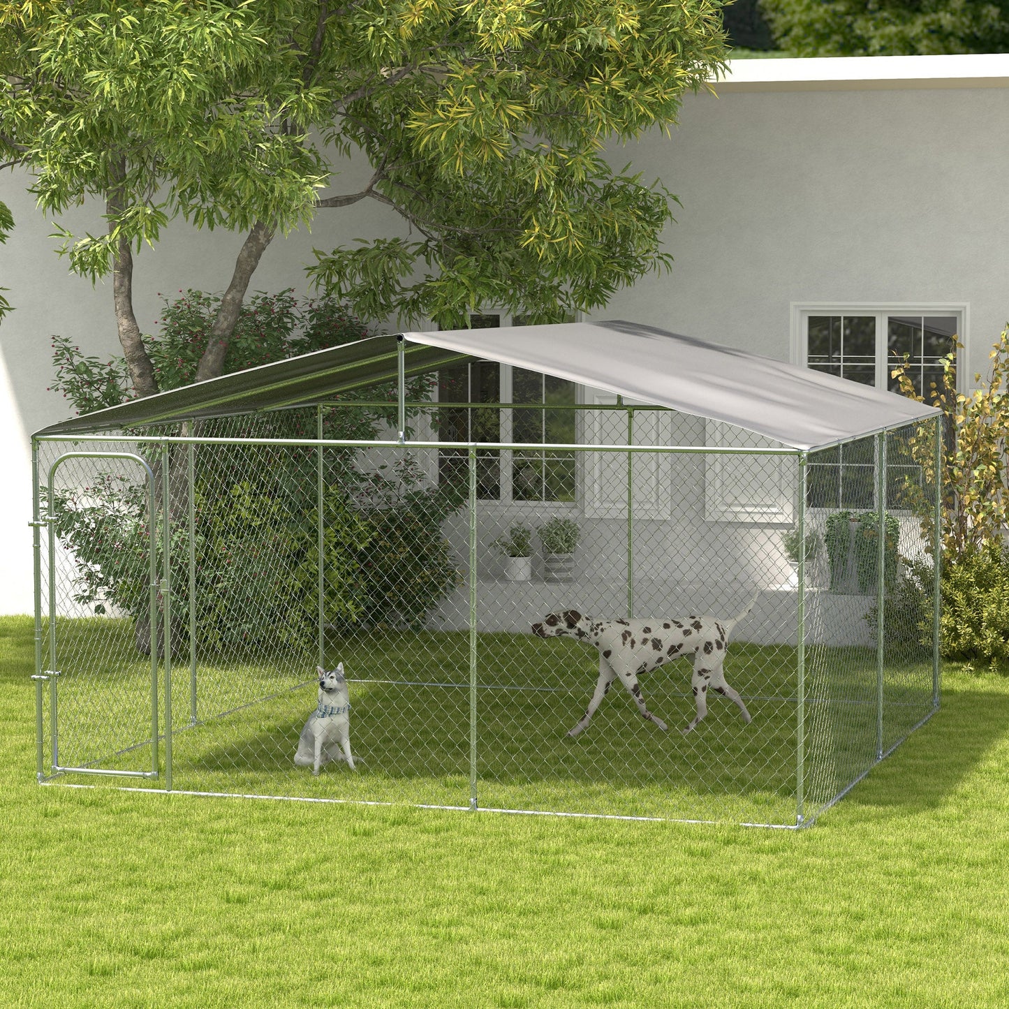 Dog Kennel Outdoor Run Fence with Roof, Steel Lock, Mesh Sidewalls for Backyard & Patio, 13.1' x 13.1' x 7.5'