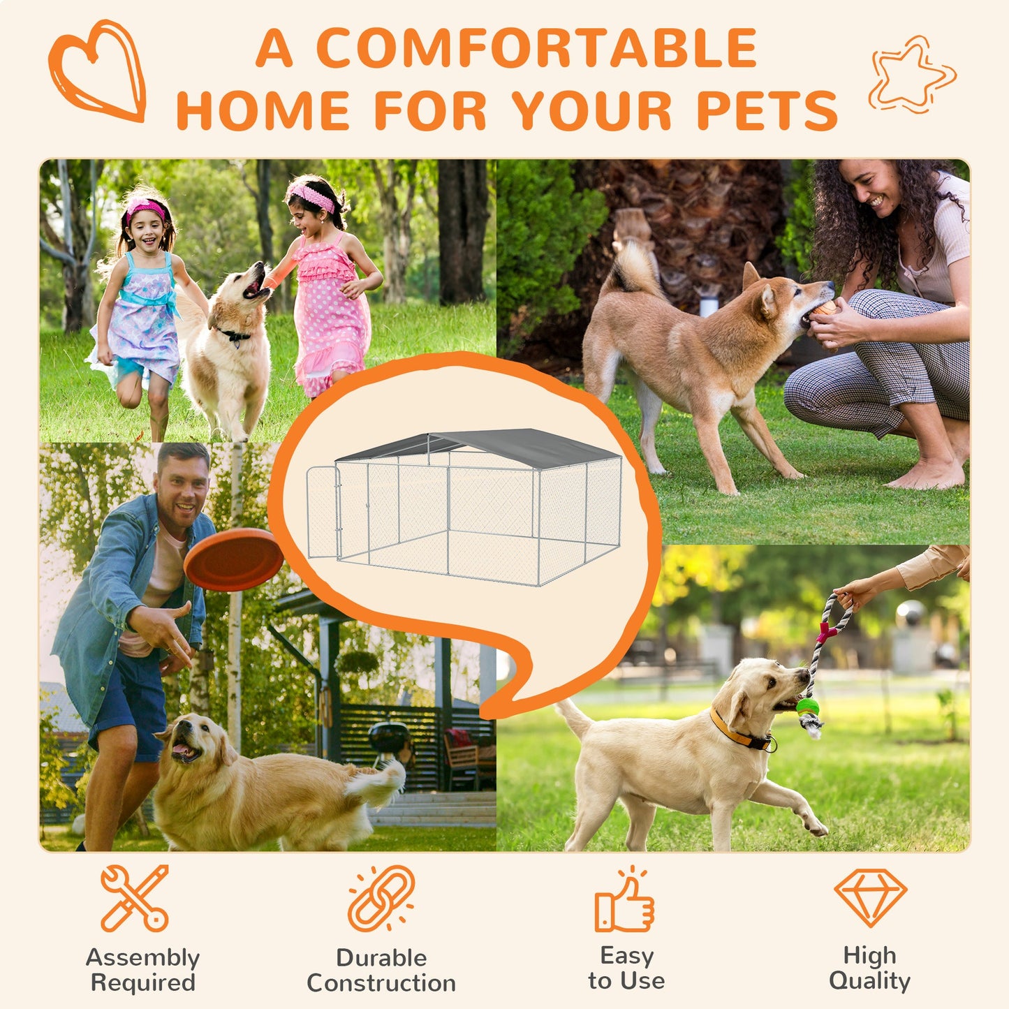 Dog Kennel Outdoor Run Fence with Roof, Steel Lock, Mesh Sidewalls for Backyard & Patio, 13.1' x 13.1' x 7.5'