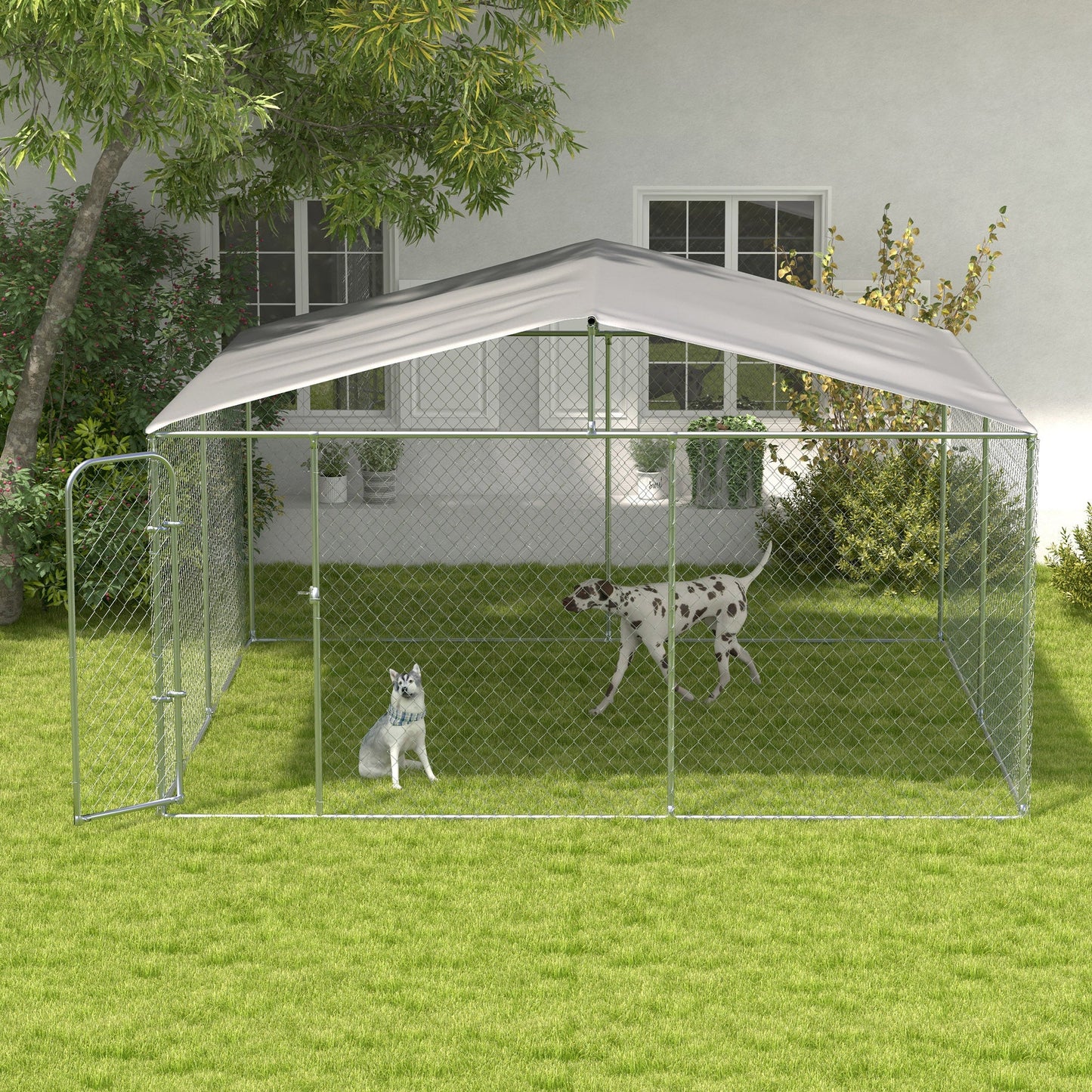 Dog Kennel Outdoor Run Fence with Roof, Steel Lock, Mesh Sidewalls for Backyard & Patio, 13.1' x 13.1' x 7.5'