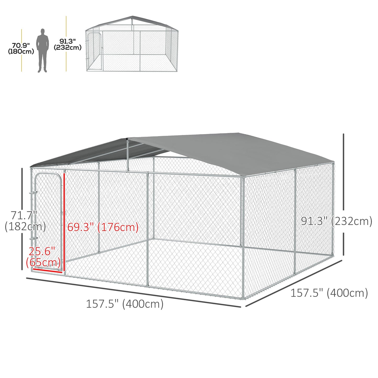 Dog Kennel Outdoor Run Fence with Roof, Steel Lock, Mesh Sidewalls for Backyard & Patio, 13.1' x 13.1' x 7.5'