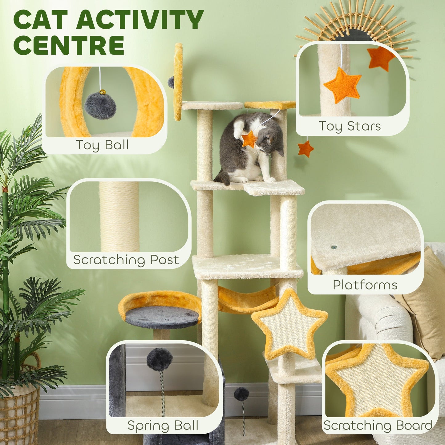 Cat Tower, 63 Inch Cat Tree for Large Cats Adult with Cat Scratching Posts, Cat Condo, Bed, Scratching Board, Cat Toys, Star and Moon Themed Cat Tree for Indoor Cats, Beige