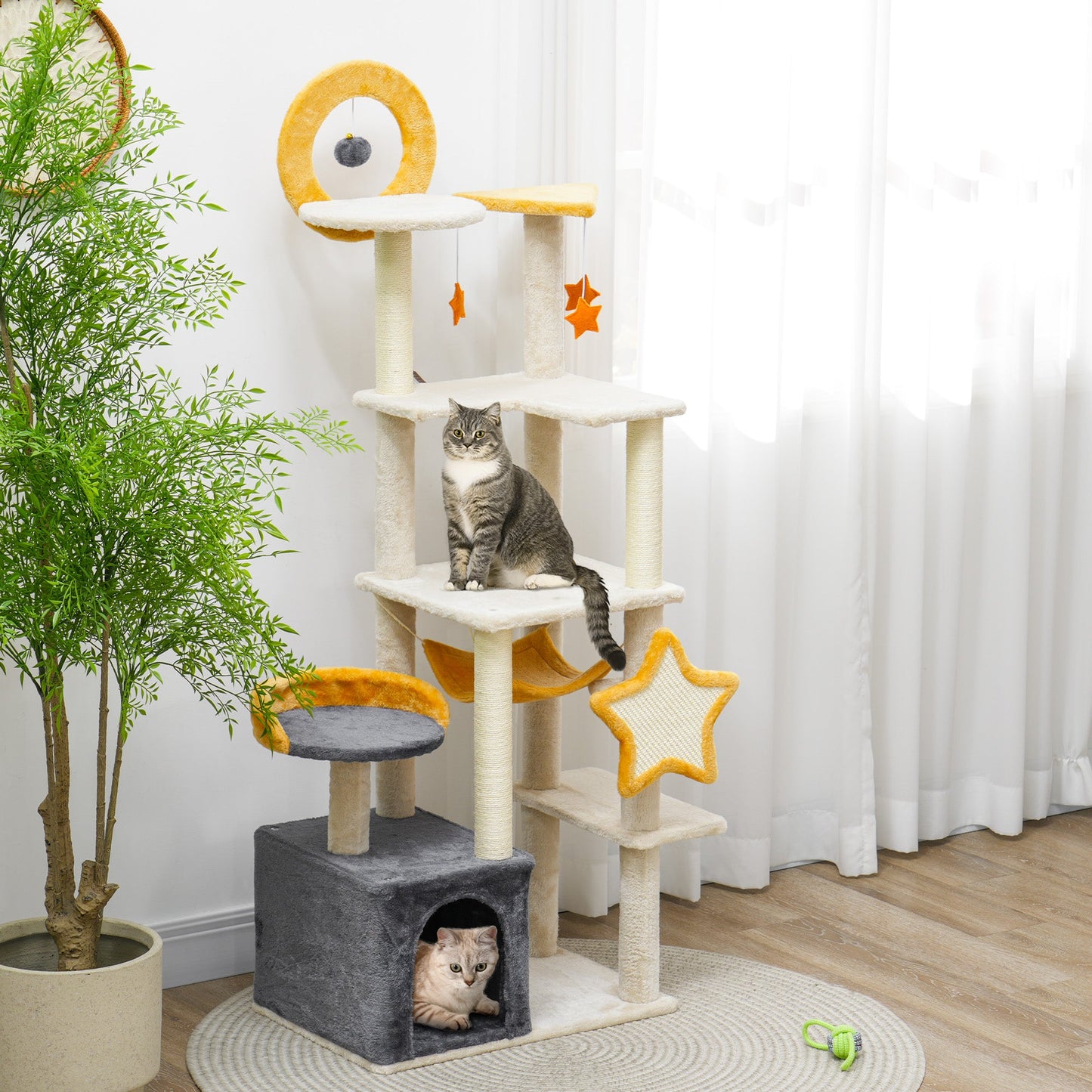 Cat Tower, 63 Inch Cat Tree for Large Cats Adult with Cat Scratching Posts, Cat Condo, Bed, Scratching Board, Cat Toys, Star and Moon Themed Cat Tree for Indoor Cats, Beige