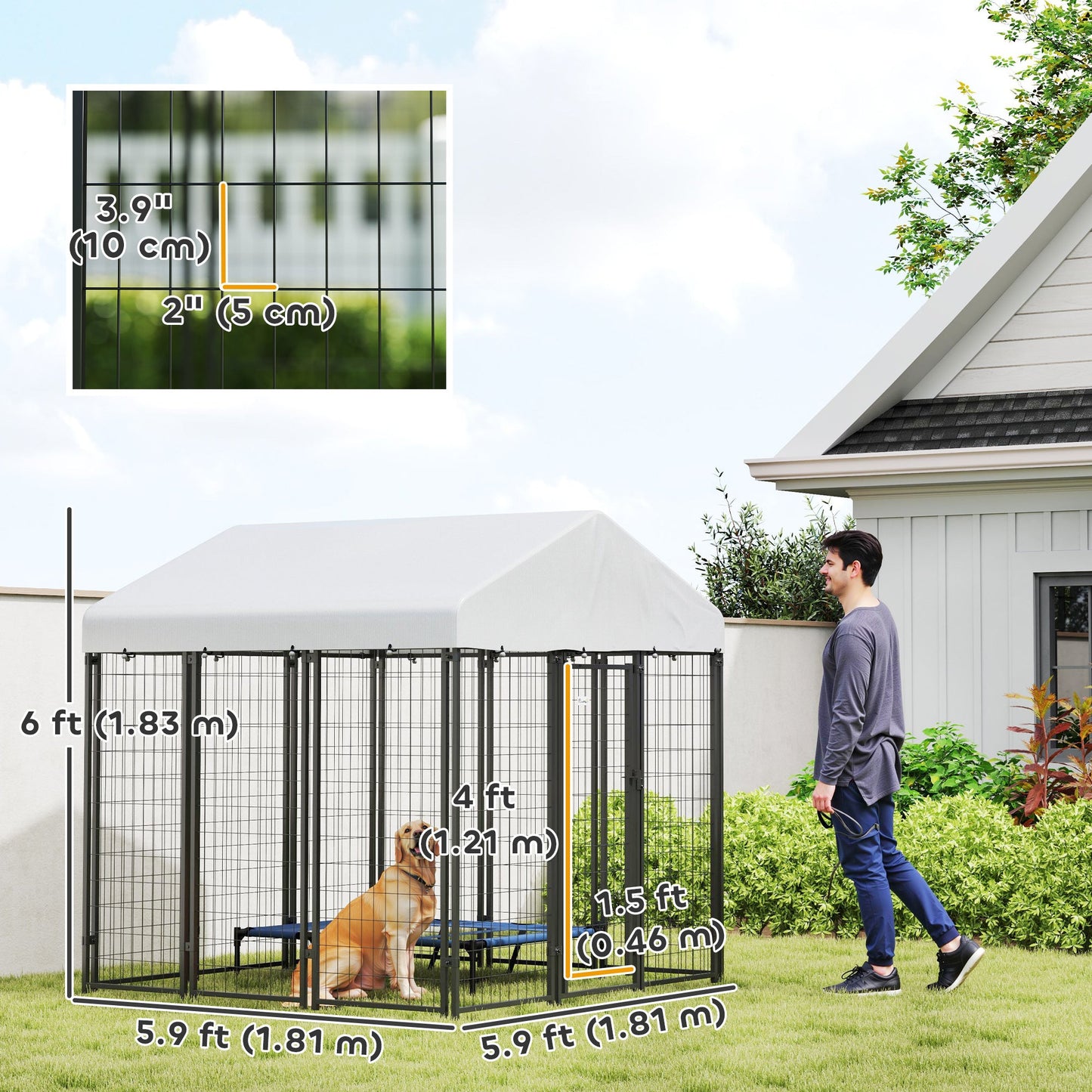 6' x 6' x 6' Outdoor Dog Kennel, Lockable Dog Run Crate with Waterproof UV-Resistant Cover, Welded Wire Steel Fence for Large Dogs, Silver