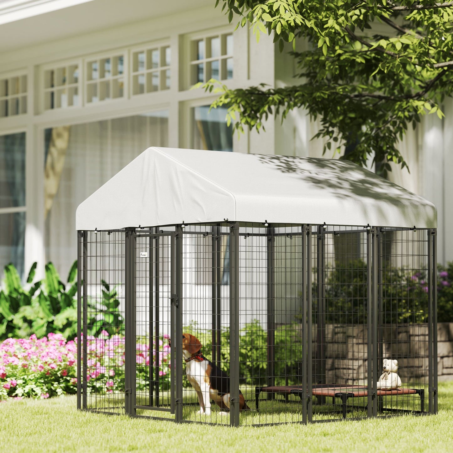 6' x 6' x 6' Outdoor Dog Kennel, Lockable Dog Run Crate with Waterproof UV-Resistant Cover, Welded Wire Steel Fence for Large Dogs, Silver