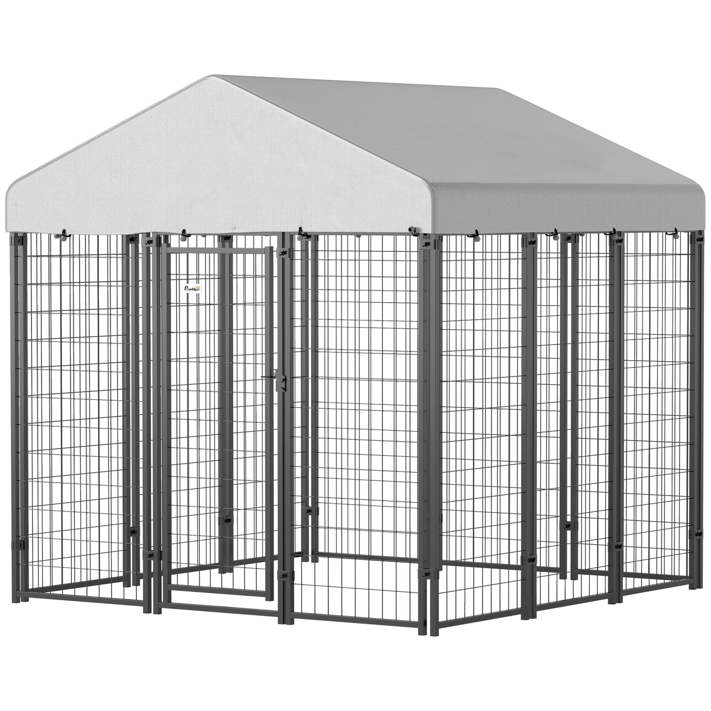 6' x 6' x 6' Outdoor Dog Kennel, Lockable Dog Run Crate with Waterproof UV-Resistant Cover, Welded Wire Steel Fence for Large Dogs, Silver