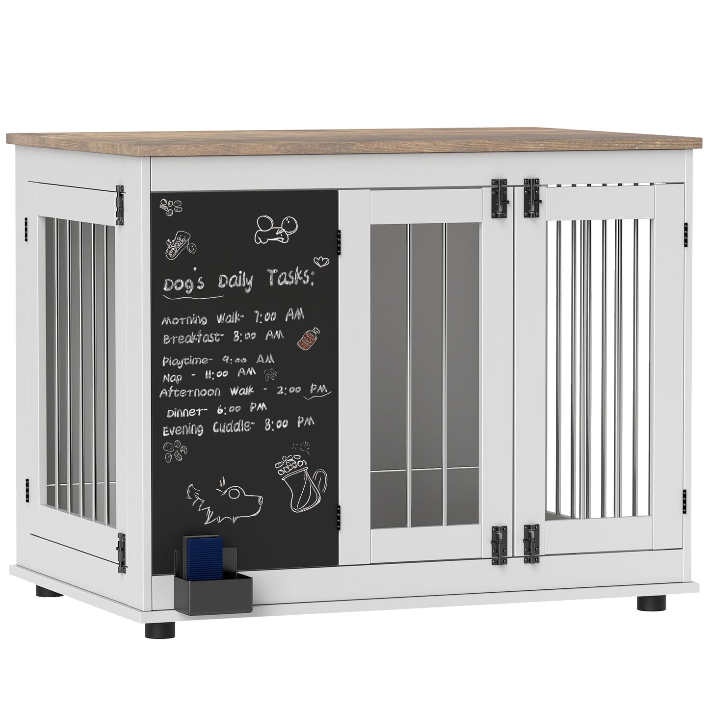 39in Dog Crate Furniture, Dog Cage End Table with Three Doors, Blackboard, Non-slip Foot Pads, Dog Cage for Middle and Large Dogs, White