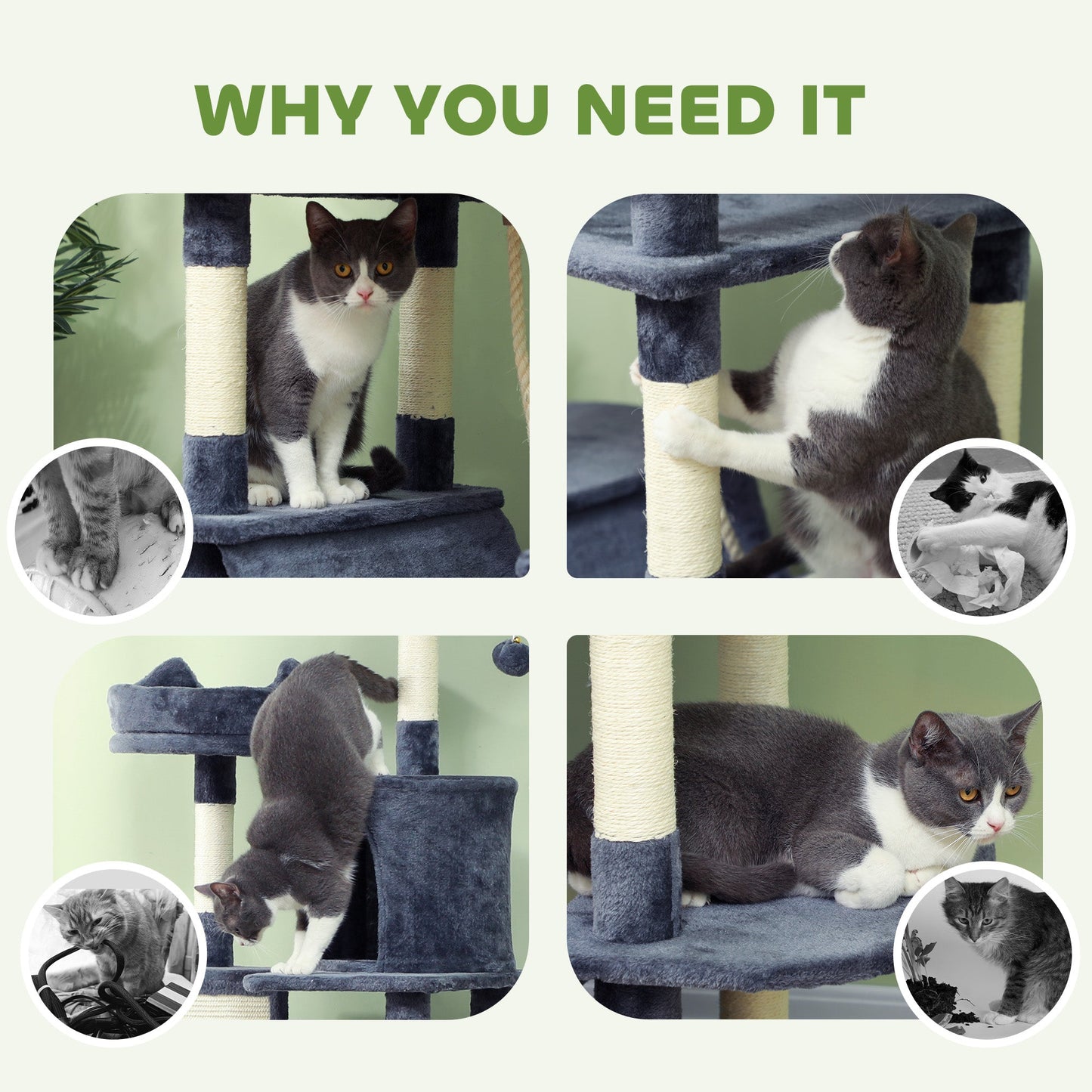 Cat Tower, 81" Cat Tree for Large Cats Adult w/ Scratching Posts, Scratching Board, Cat Condos, Cat Beds, Hammocks, Jumping Platforms, Toy Balls, Rope Cat Toy, Dark Grey