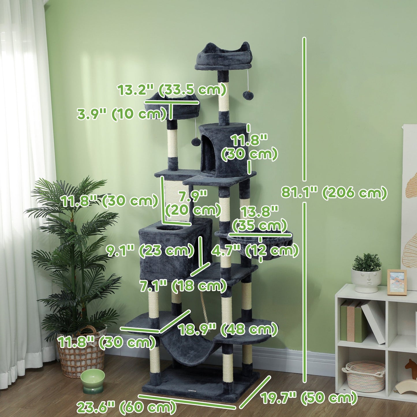 Cat Tower, 81" Cat Tree for Large Cats Adult w/ Scratching Posts, Scratching Board, Cat Condos, Cat Beds, Hammocks, Jumping Platforms, Toy Balls, Rope Cat Toy, Dark Grey