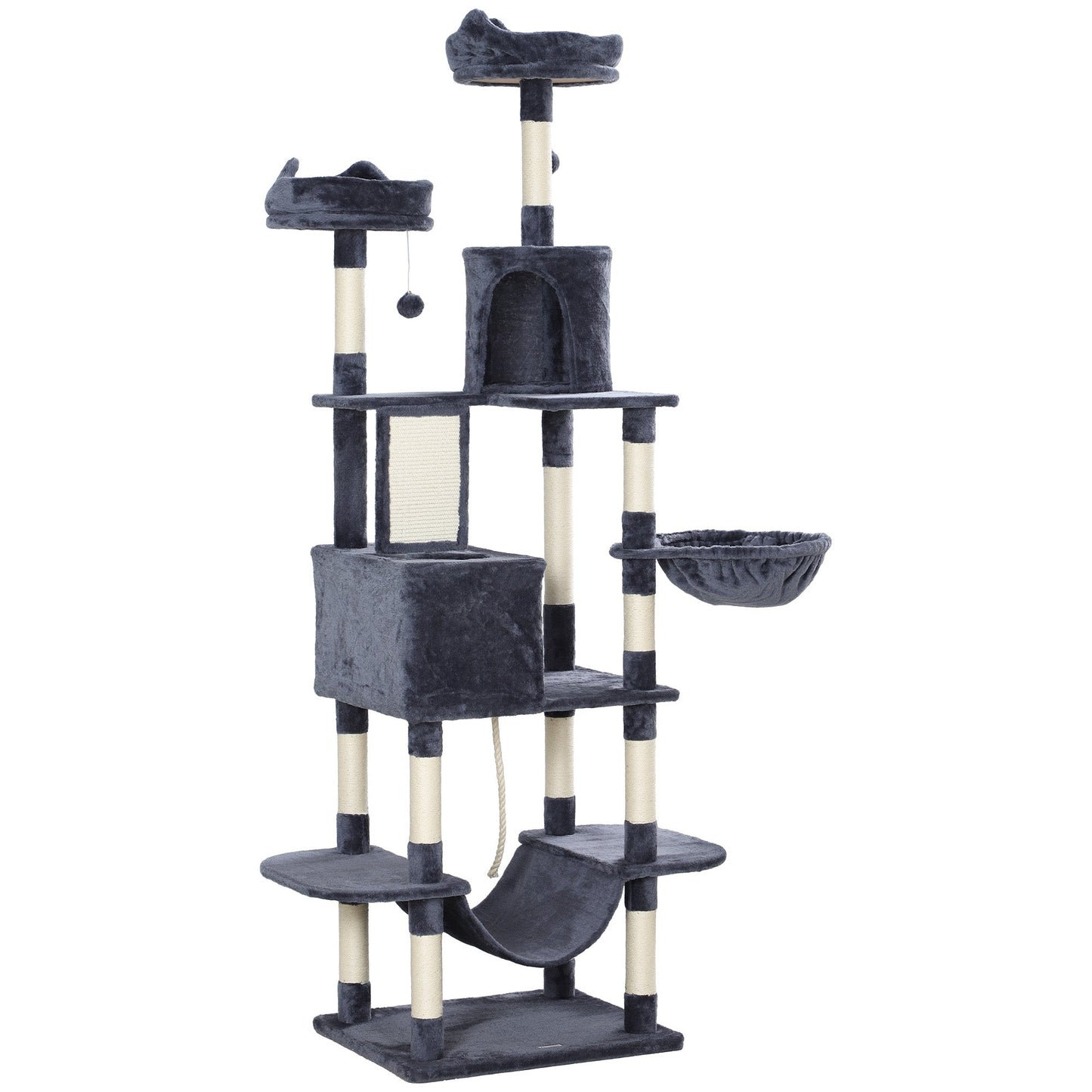 Cat Tower, 81" Cat Tree for Large Cats Adult w/ Scratching Posts, Scratching Board, Cat Condos, Cat Beds, Hammocks, Jumping Platforms, Toy Balls, Rope Cat Toy, Dark Grey
