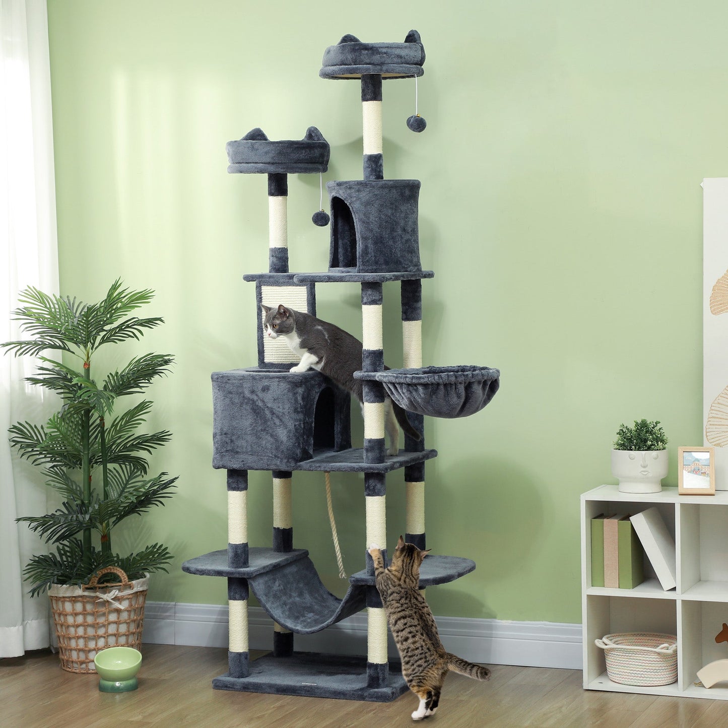 Cat Tower, 81" Cat Tree for Large Cats Adult w/ Scratching Posts, Scratching Board, Cat Condos, Cat Beds, Hammocks, Jumping Platforms, Toy Balls, Rope Cat Toy, Dark Grey