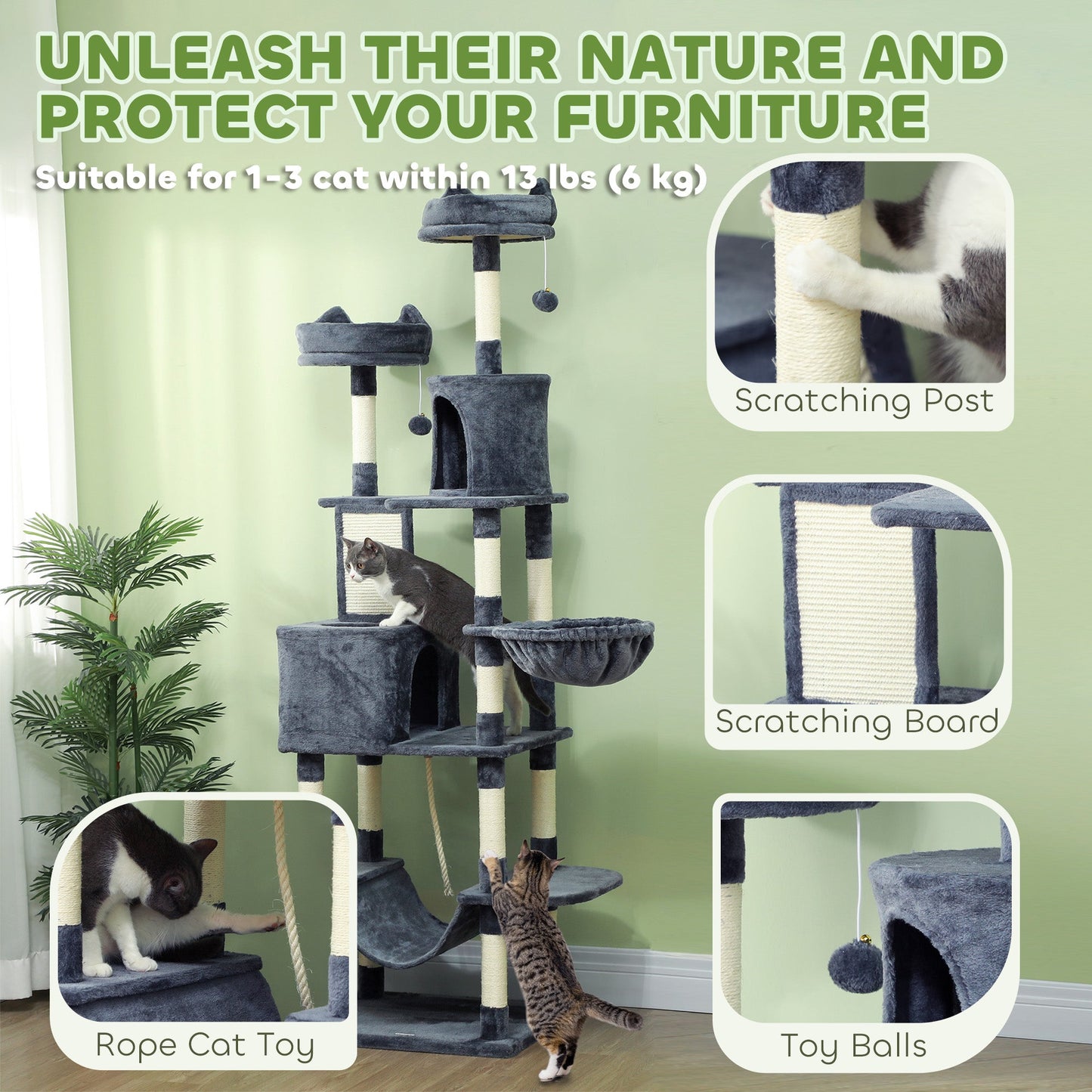 Cat Tower, 81" Cat Tree for Large Cats Adult w/ Scratching Posts, Scratching Board, Cat Condos, Cat Beds, Hammocks, Jumping Platforms, Toy Balls, Rope Cat Toy, Dark Grey