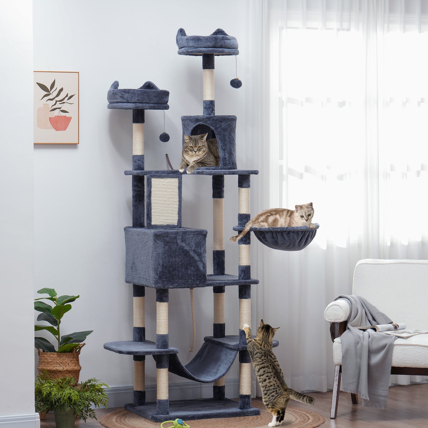 Cat Tower, 81" Cat Tree for Large Cats Adult w/ Scratching Posts, Scratching Board, Cat Condos, Cat Beds, Hammocks, Jumping Platforms, Toy Balls, Rope Cat Toy, Dark Grey